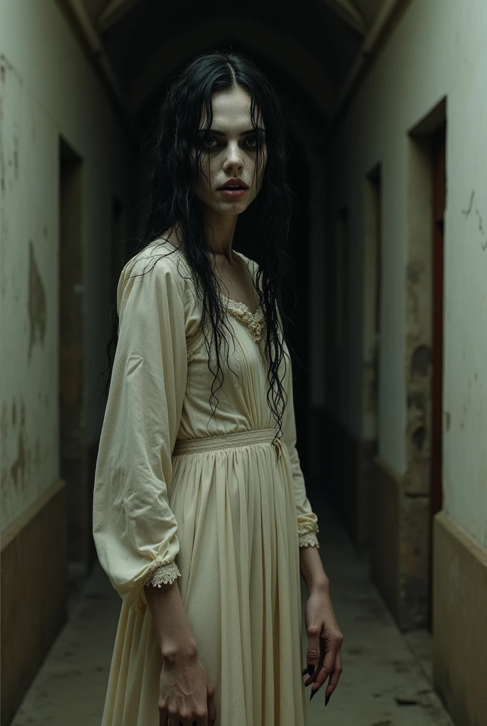 photo a scary ghost gothic dead girl monster standing, high quality cinematic photo, masterpiece, intricate, extremely detailed, natural lighting, hard focus, looking at viewer, in center, (8k, hdr, dslr, high quality raw photo:1.2)
