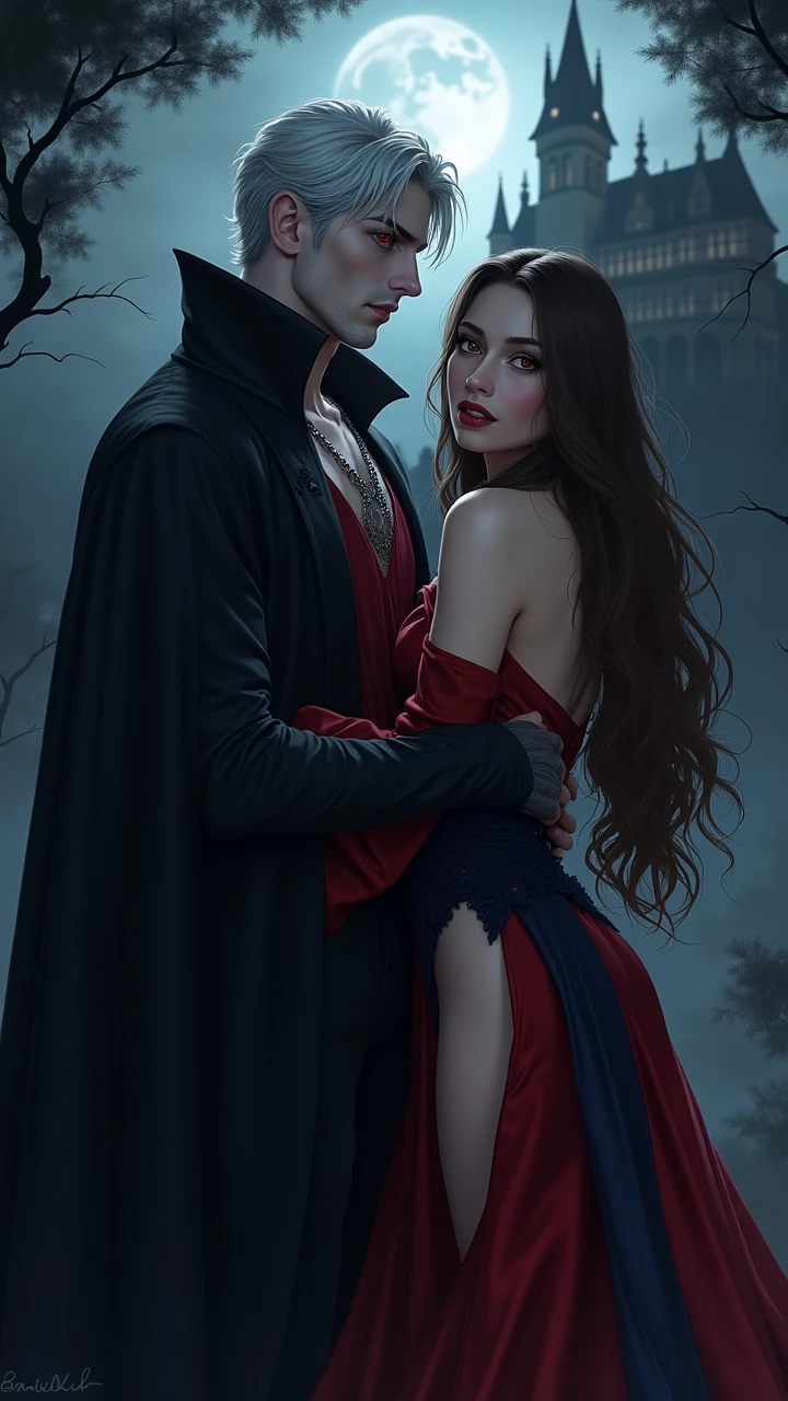 Make a character similar to Little Red Riding Hood, adult. pale, black hair and big blue eyes, witch-like. Do it with a tall man, suntanned, and with platinum hair. Make it as if it were a Dark fantasy illustration