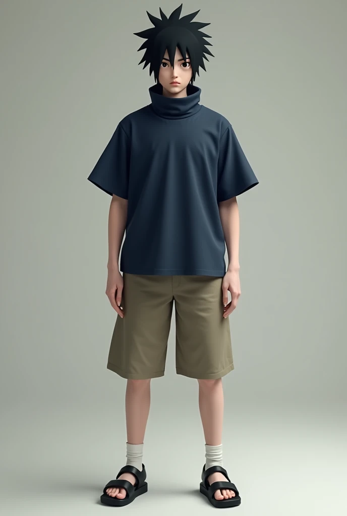 14 years,Boy, black hair, black eyes, blue high-neck blouse, white Men's shorts .