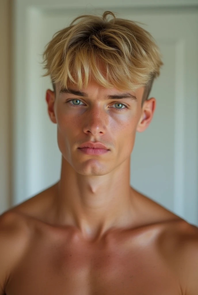 Create my ideal type: man with a not so exaggerated abdomen, blond, light-eyed, aesthetic hair, 1, nice nose, slightly long, medium-blond hair, no tattoos, with a child's face
