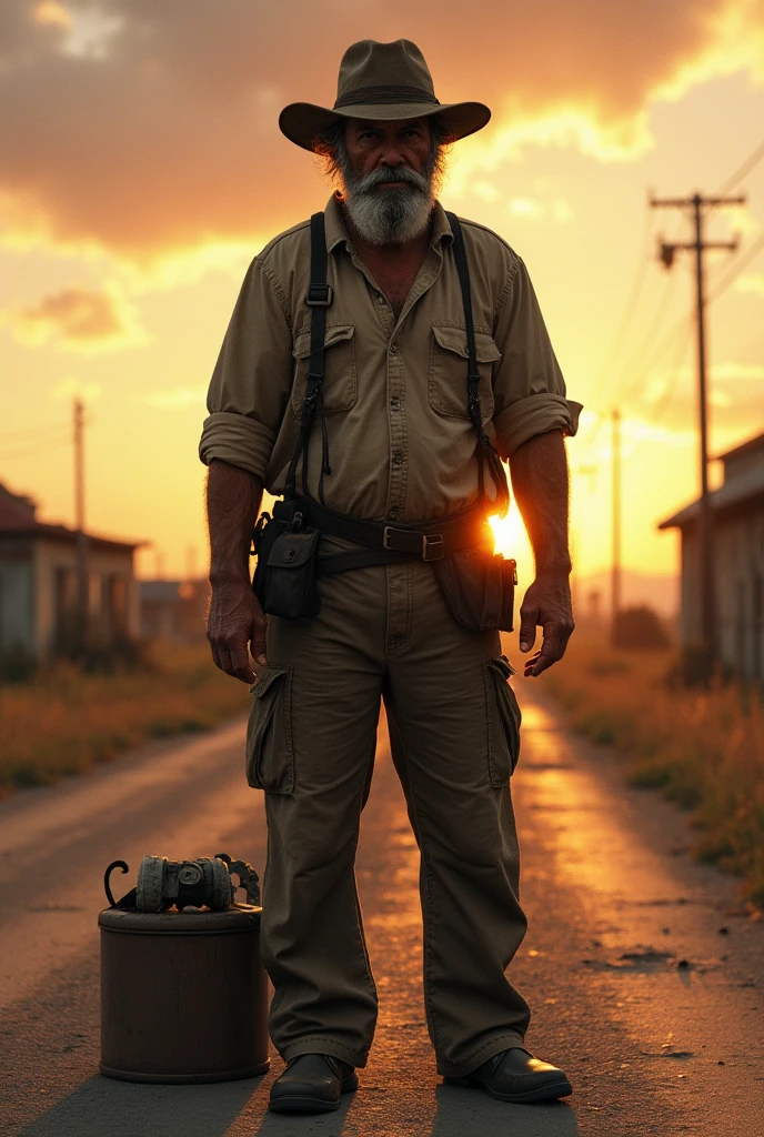 A man in a mask sits on the roof of a rusty and dirty truck, surrounded by a desert with scorching sun. (best quality, ultra-detailed) A striking display of contrast between the gritty environment and the enigmatic character, capturing the essence of a post-apocalyptic world. (high shadow contrast, warm color grading, dusty atmosphere)