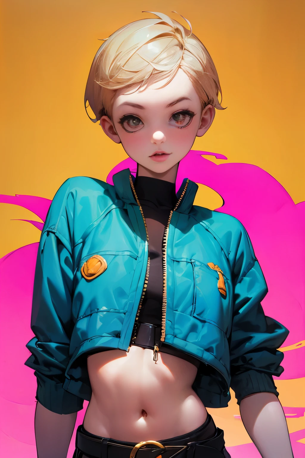 High Definition, masterpiece, Accurate, top quality, High Definition model, high detail, (((The textures are soft))), ((matte and toy-like with a handmade premium look)), (((Tim Burton style))), Dark, 1 girl , blue archive art style , Wearing a light blue jacket, pink belt , crop top, stunning woman , short hair , blonde hair , brown eyes , pink lips , pale skin , Soft color fade , Cell shadowing ,