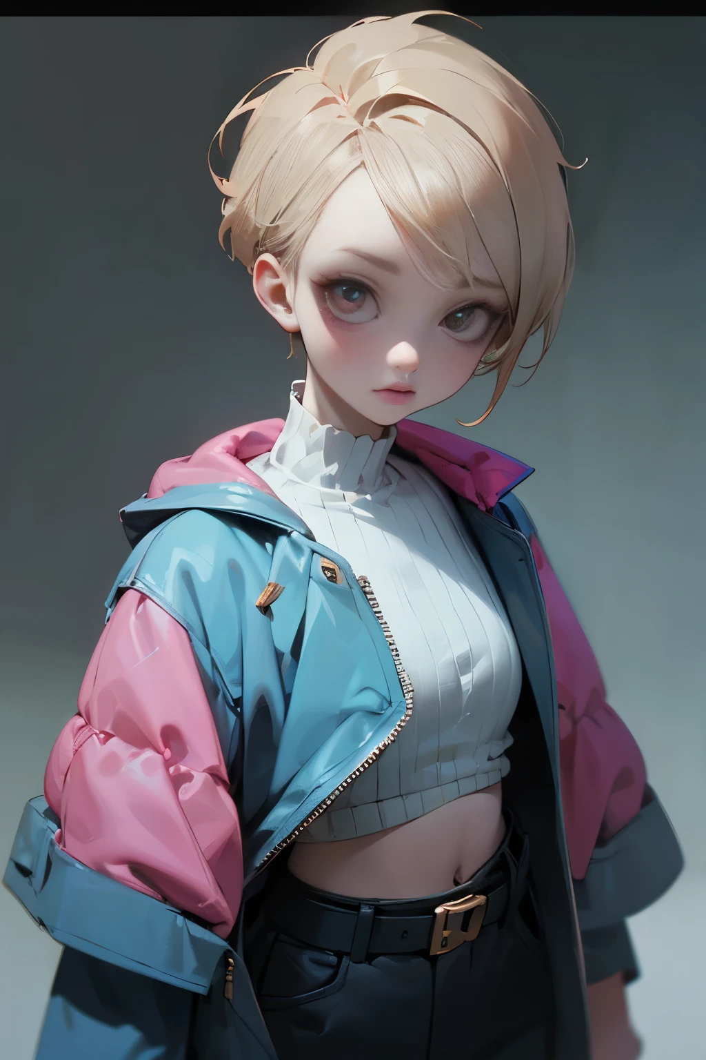 High Definition, masterpiece, Accurate, top quality, High Definition model, high detail, (((The textures are soft))), ((matte and toy-like with a handmade premium look)), (((Tim Burton style))), Dark, 1 girl , blue archive art style , Wearing a light blue jacket, pink belt , crop top, stunning woman , short hair , blonde hair , brown eyes , pink lips , pale skin , Soft color fade , Cell shadowing ,