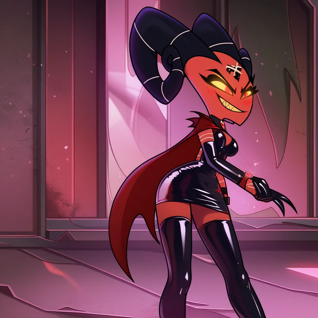 barbie wire, 1girl, demon girl, red skin, forehead tattoo, arm tattoos, horns, striped dress, leather jacket, screenshot, (huge breasts and thighs:1.5), closed mouth, smile
