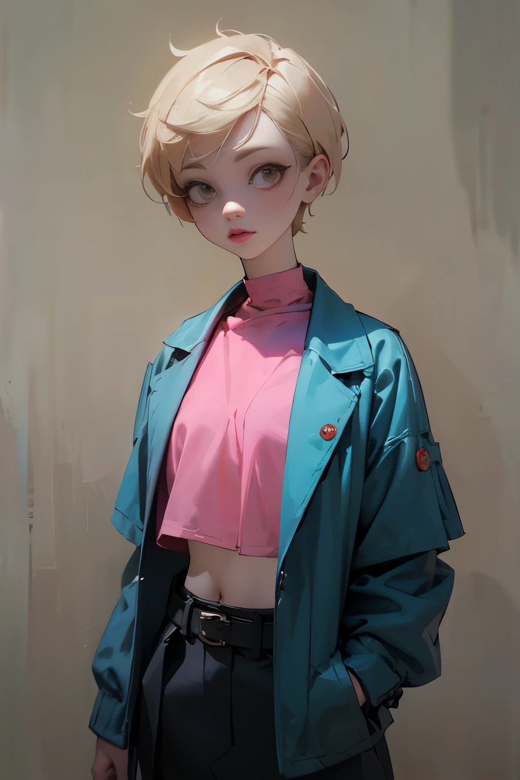 High Definition, masterpiece, Accurate, top quality, High Definition model, high detail, (((The textures are soft))), ((matte and toy-like with a handmade premium look)), (((Tim Burton style))), Dark, 1 girl , blue archive art style , Wearing a light blue jacket, pink belt , crop top, stunning woman , short hair , blonde hair , brown eyes , pink lips , pale skin , Soft color fade , Cell shadowing ,