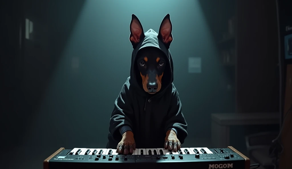 A kneeling man wearing a BDSM-themed leather dog mask with red details.  Wearing a black tactical jumpsuit with a red cross and leather and red details, set in an electronic music club.