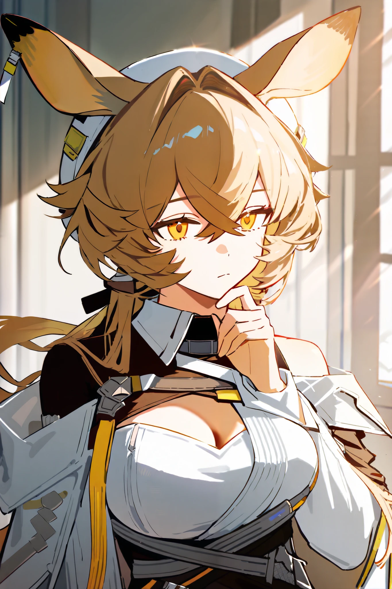 detailed hair, wind, floating hair, (smile, blush, sad), [yellow hair], ((portrait))
(dorothy \(arknights\), 1girl, animal ears, solo, gloves, tail, yellow gloves, indoors, long hair, coat, boots, mouse ears, thigh strap, breasts, skirt, shirt, open coat, white headwear, looking at viewer, yellow eyes, upper body, ass, looking back), 
(Highres), 8K, Detailed, Ambient Light, Digital Art, Soft Lighting, (Hyper-Detailed Background:1.2), Messy Hair, (Mature Face:1.4), (beautiful face:1.15), (((masterpiece))), (highest quality), ((perfect face)), very deep eyes, (cinematic lighting), detailed eyes, best quality,  realistic background, highres, (intricate details), detailed finger, extremely detailed, intricate, award-winning, hyper-detailed, hard lighting, intricate details, eyes focus, (illustration:1.1), highres, trending on artstation,
danimaru