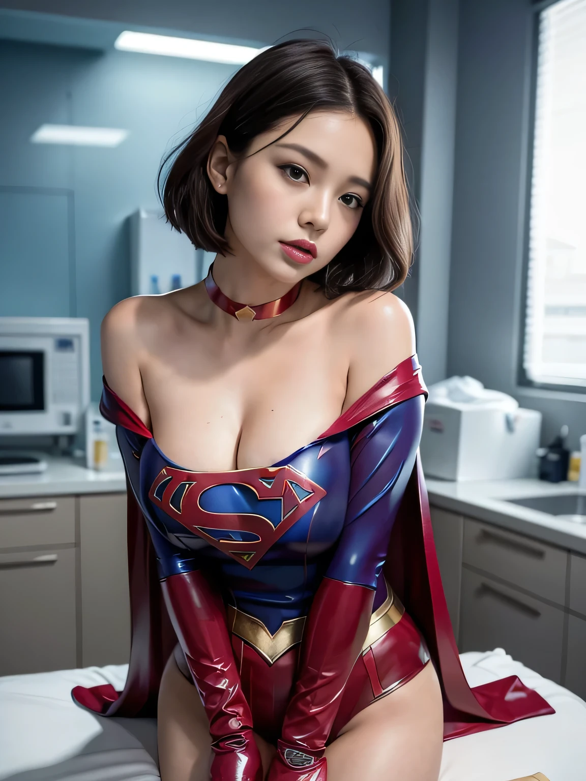 masterpiece、Enamel Supergirl Costume、Short Hair、Hospital operating table、Crisis situation、Big and ample breasts、looking at the camera、Shiny、Off the shoulder、choker、Long sleeve、Red exy poses to seduce、Sweaty、Model Body Type、Alluring、charm、Enchanting、abused、test subject、victim、Wild、Photorealistic、latex、