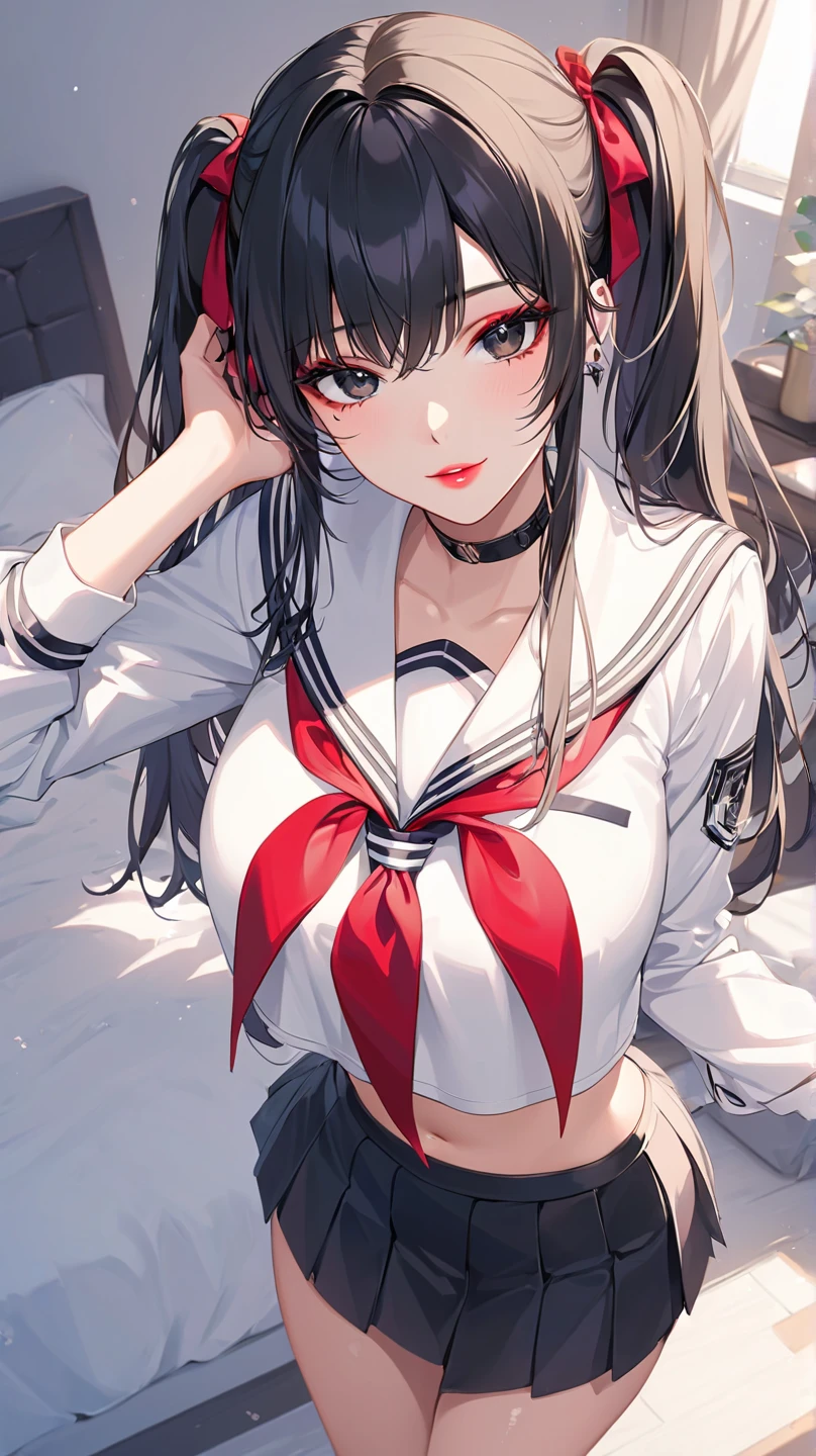 masterpiece, top-quality, the Extremely Detailed CG Unity 8K Wallpapers, Ultra-realistic 8kCG, erfect artwork, The perfect female figure, Dramatic shadows, (spot light, Perfect ligthing, Detailed light, (((1girl in))), ((Sharp face)), ((long black hair, twintail hair)), (((sexypose))), Model body type, Navel is visible, large full breasts, ((cute face)), (gently smiling: 1.2), (bangs, beautiful eyelashes), red eyes, Beautiful face, (beautiful chest line:1.2), (cleavage), beautiful a girl, Exquisite facial features depicting the perfect face, blushing, Naturally beautiful, Sweating, slenderbody, Light and beautiful thigh expression, hi-school girl, high-school uniform, a sailor suit, pleatedskirt, stockings, (((Laying on bed))), awardwinning photo, detaile, realistic light and shadow, 8K resolution, Professional Lighting, (glistning skin:0.9), perfect hand,