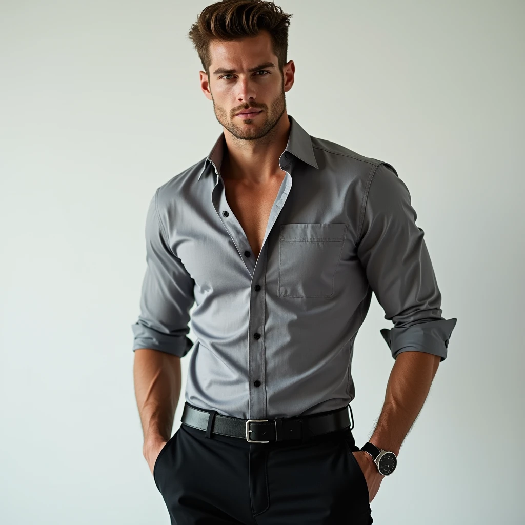 So handsome, muscular body, small beard, black shirt, open Shirt buttons, Black pants, high quality, extremely detail, extremely realistic