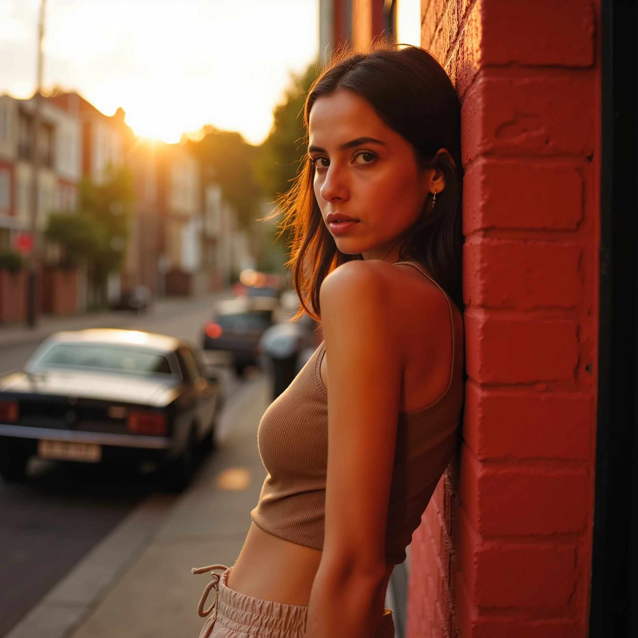 Cinematic photography of a striking model in a casual yet elegant outfit, featuring a sleeveless fitted top made of soft cotton or knit fabric in a warm, muted tone, paired with high-waisted slim-fit pants in a complementary neutral color. The model leans confidently against a red brick wall, her body slightly turned away while her head is tilted back toward the camera. Her expression is intense and captivating, with a confident gaze directed at the viewer. The background depicts an urban street scene during the golden hour, with a vintage black car parked nearby and charming suburban houses visible in the distance, softly blurred to keep the focus on the model. The brick wall’s texture contrasts with the smooth, minimalistic outfit, adding depth to the composition. The image is richly colored, with the red tones of the brick wall and warm sunlight casting a soft glow on the scene. The lighting highlights the natural tones of the model's skin and the details of her outfit, creating a warm, inviting atmosphere. The play of light and shadow adds dimension and depth, while the vibrant color palette brings a modern and timeless feel to the image.