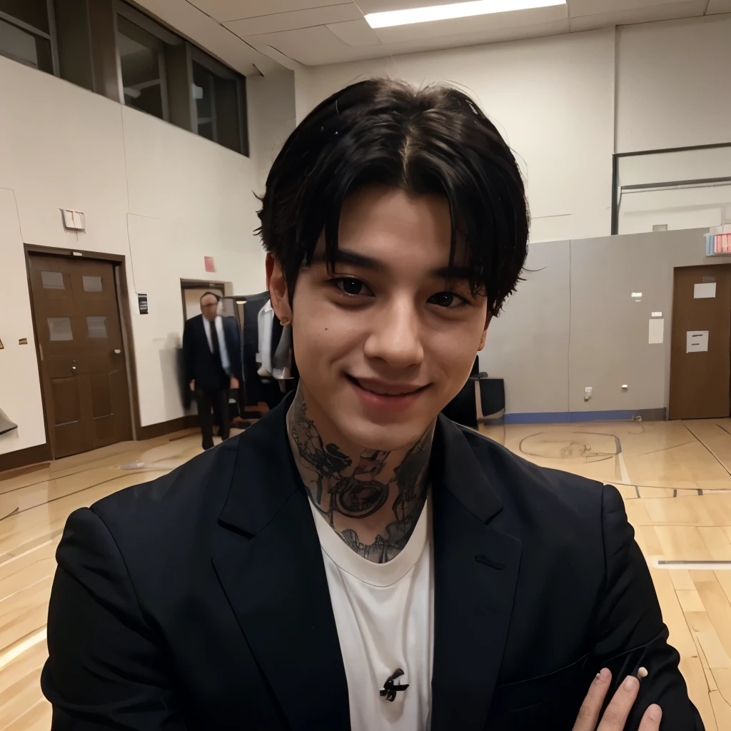 jungkook, bts, black hair, smooth skin, sleeve tattoos, selfie, wide smile, realistic, jk, jungkook, suit outfit in a court,