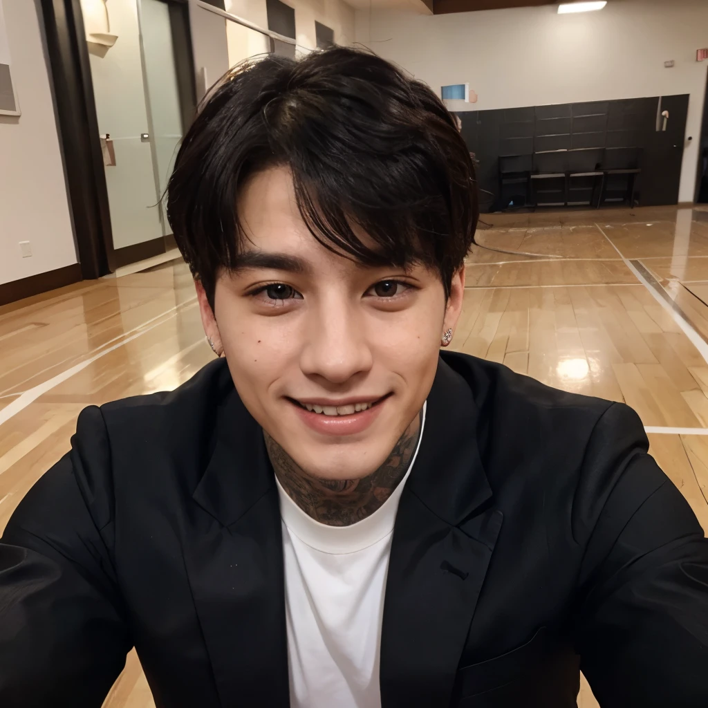 jungkook, bts, black hair, smooth skin, sleeve tattoos, selfie, wide smile, realistic, jk, jungkook, suit outfit in a court,