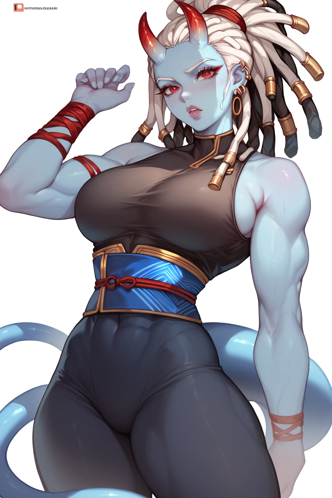 1 Woman, blue skin ,white dreadlock ,horns,red eyes,Black blouse tight on the body showing the abs ,blue giant tail,blue sash,anime style,Dreadlock tied in a bun