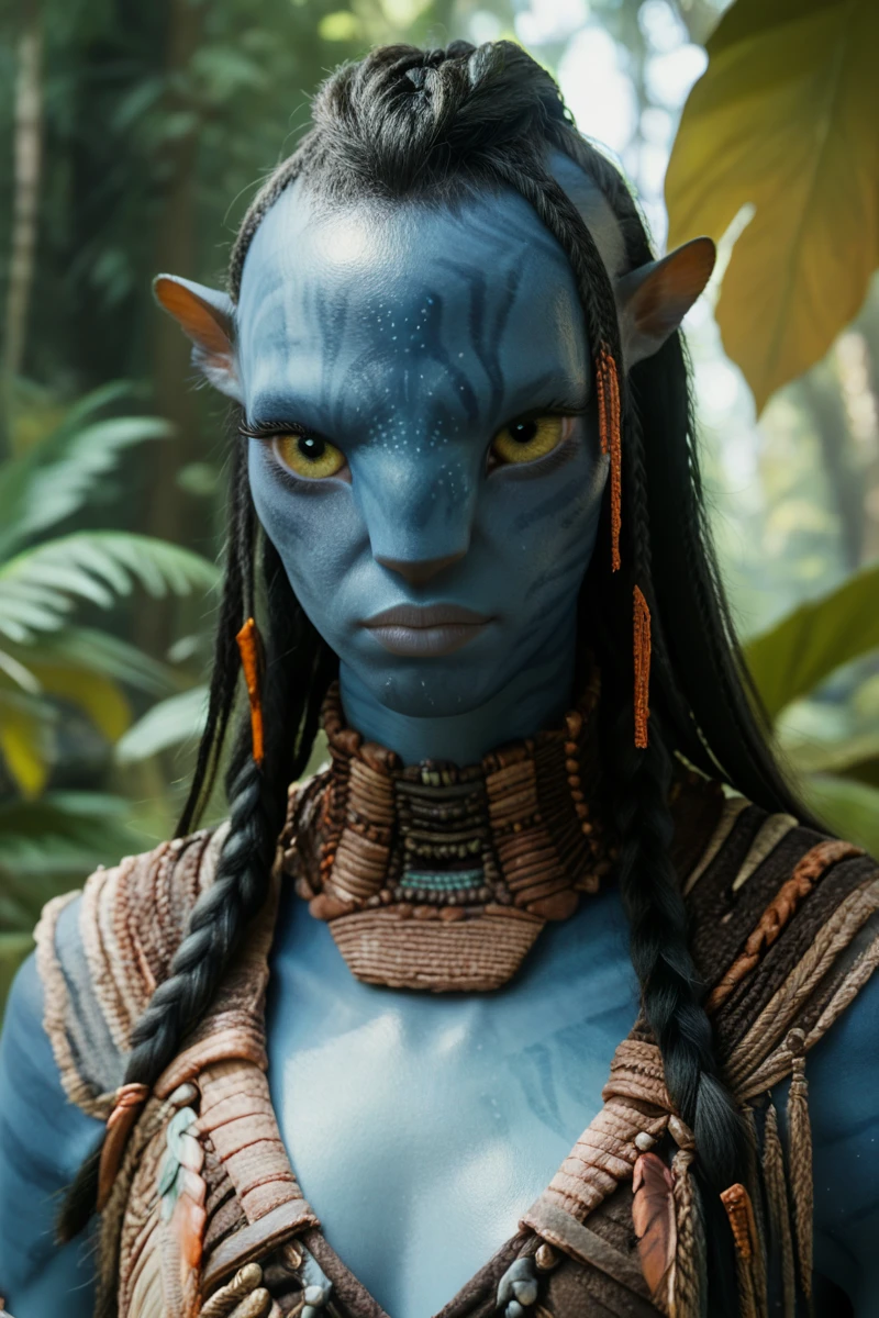 female, 1girl, portrait close-up, looking at the viewer, slim toned limbs, detailed yellow eyes, blue skin, long hair in braids with shaved sides, black hair, tail, big pointy ears, four fingered hands, wearing tribal clothing, wearing a tribal top made of leaves, forest background, solo, n4vi, score_9, score_8_up, score_7_up, score_6_up, tsutey