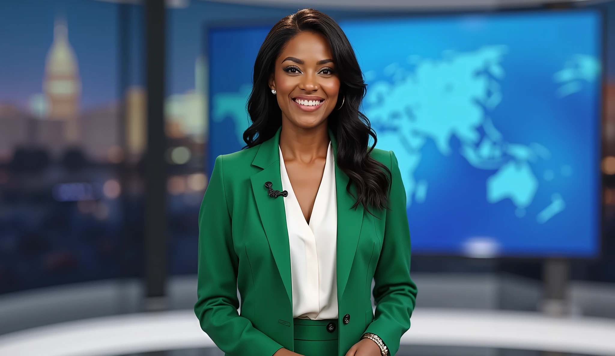 Front view, Full body, left sanding, right big TV monitor in CNN NEWs, talking news, female news anchor, 1 beautiful American Black women ,25-age, (black middle hair, fringe, pearl earring ,smile) ,(E cup breasts, middle hip), (White elegant blouse, Green one button Jacket, micro mike), (green pant, black hi heal) , News BBC Studio, back looking big monitor in foreign News video, (super detailed, High Details , High Quality , Accurate, anatomically correct , textured skin, beautiful fingers super detailed, High Details , High Quality , High Quality )