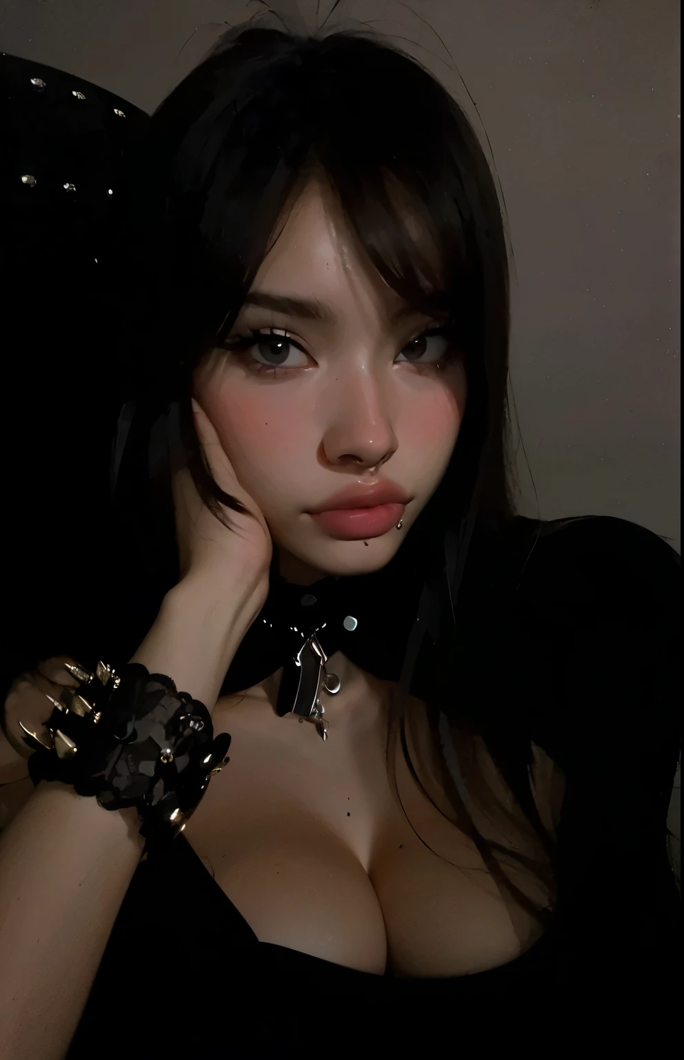 Araffe com cabelo preto e top preto deitado na cama, cruel korean goth girl, e 2K Cutecore Clowncore, anime vibes, Inspirado em anime, Olhos do quarto, sexy look at the camera, bico bonito, cara ahegao, Ela tem cabelo preto com franja, kawaii assustador, com olhos furantes ansiosos, olhos azuis penetrantes