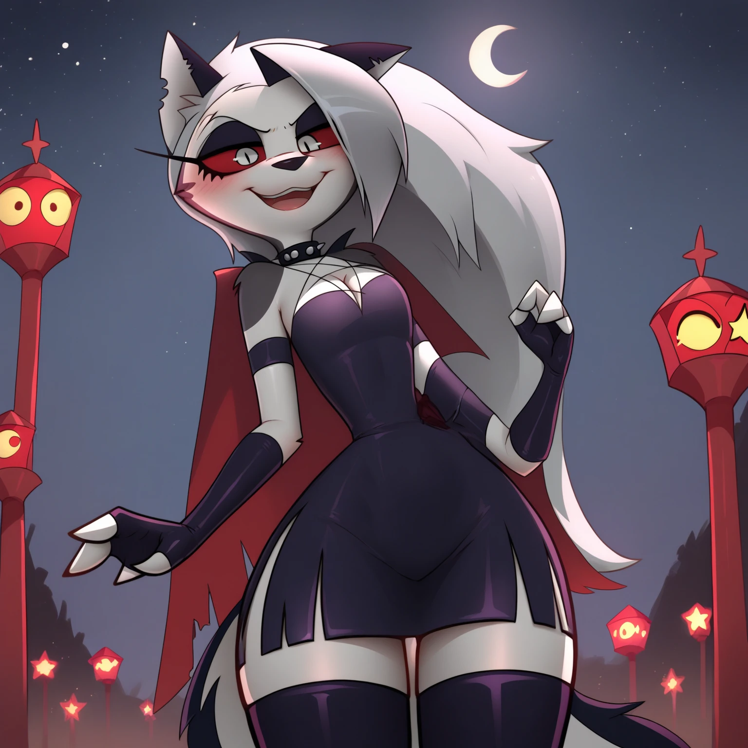 loona, helluva boss, sentada de pernas abertas, calcinha preta, 2d, cartoon, segurando celular, 3d, low angle view