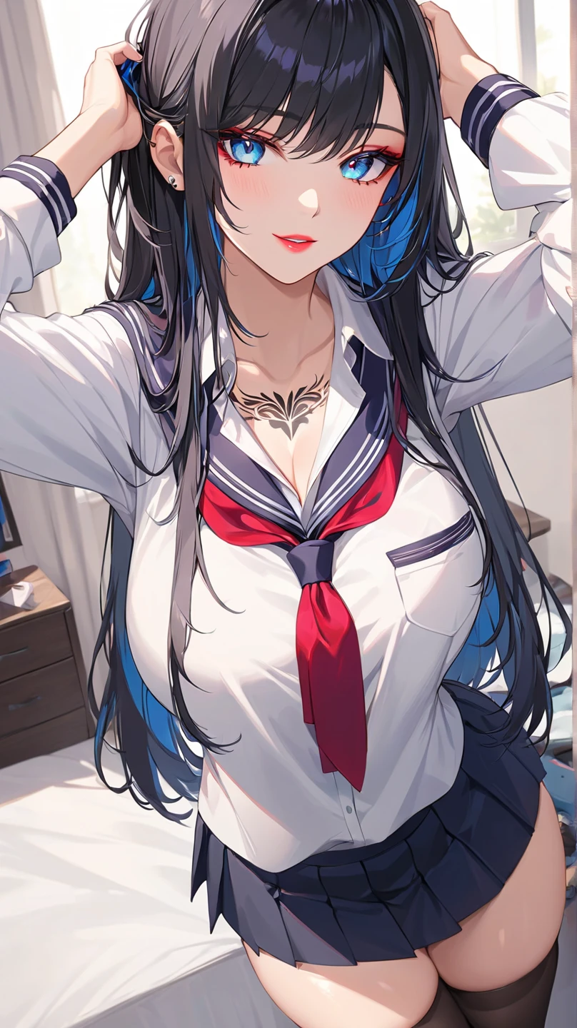 best quality person,master piece,final solution,Fluffy,非常にcolorful,colorful,dragon beauty,adult-like face shape,red and blue long hair,blue colored eyes,(red and blue long hair),red lip,long messy hair,pair of dragon horns,pair of dragon wings,mature woman,crop toppings,super skirt,The pervert is exposed,sanctuary,sky sky,normal posture