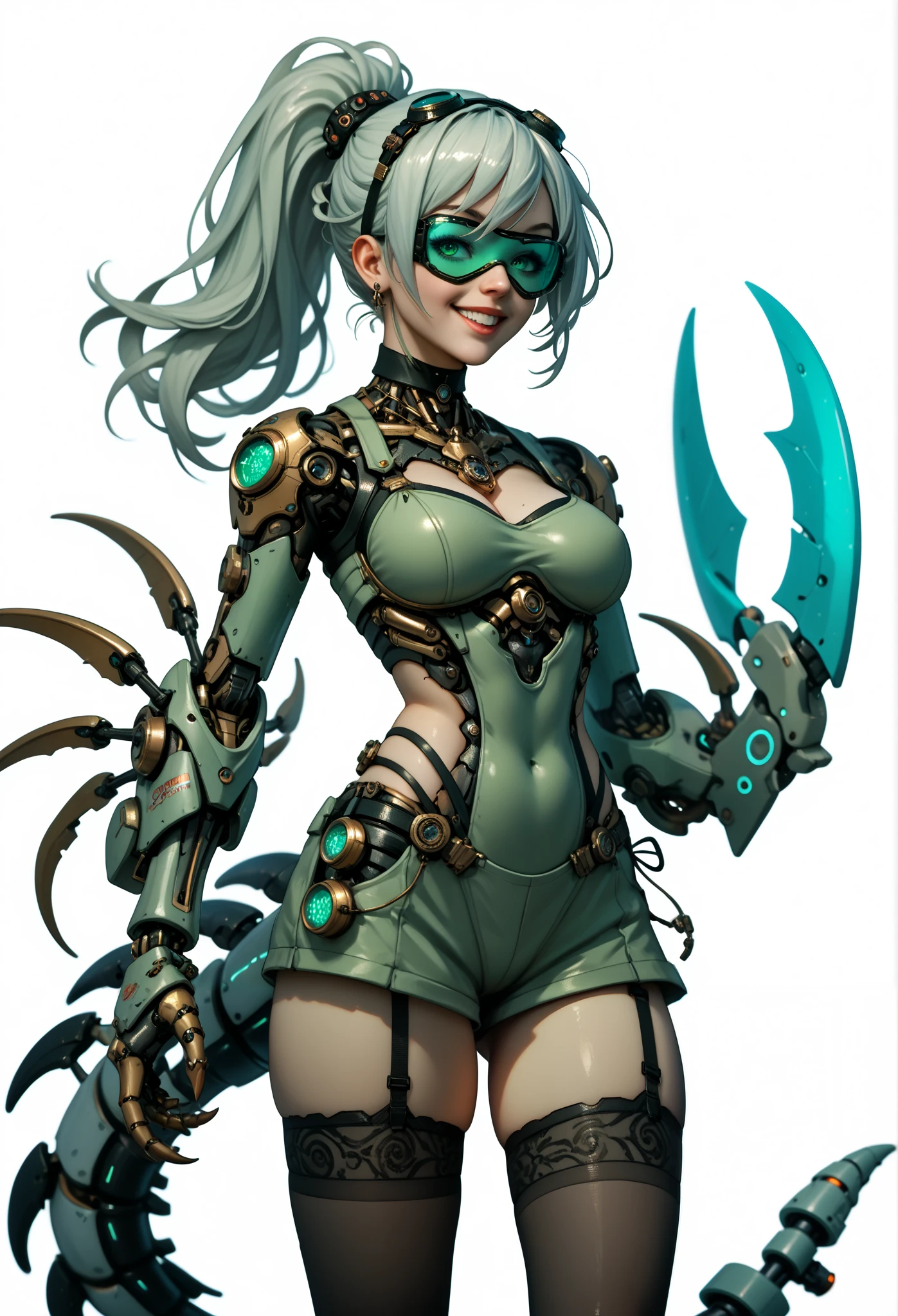 Sci-fi style girl. Mechanical bodysuit. Mint image color. Green and black armor. Smiling. Cyber goggles. Goggles to cover eyes. Scorpion tail. Arthropod element. Cancer Clawhand. Mechanical scorpion. Thighs. Thick legs. Breasts perky. White background.