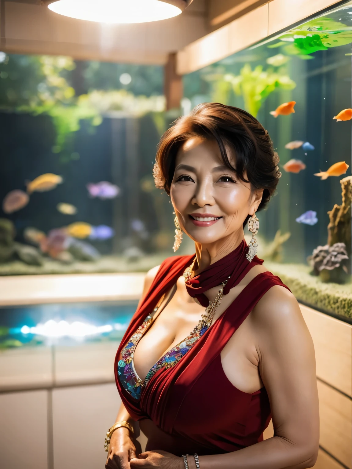 (((1 Japanese 48 year old mature woman))), ((Sagging under the eyes)),(((nasolabial folds))),独奏,masutepiece, Best Quality, Photorealsitic, super detailed skin, Sharpen, Perfect Anatomy,((Sea view hill)),Anatomy,独奏,Longhaire,((old body)), (((Sagging udder))) (thick waist),(flabby body)(,Plump body),bunk butt,Serious look,Mature AV Actress, glamor, A sexy,(((Fair skin with many wrinkles))),small diamond necklace,(((Orange Satin Dress))),long skirt,(Red high heels),Staring at this,