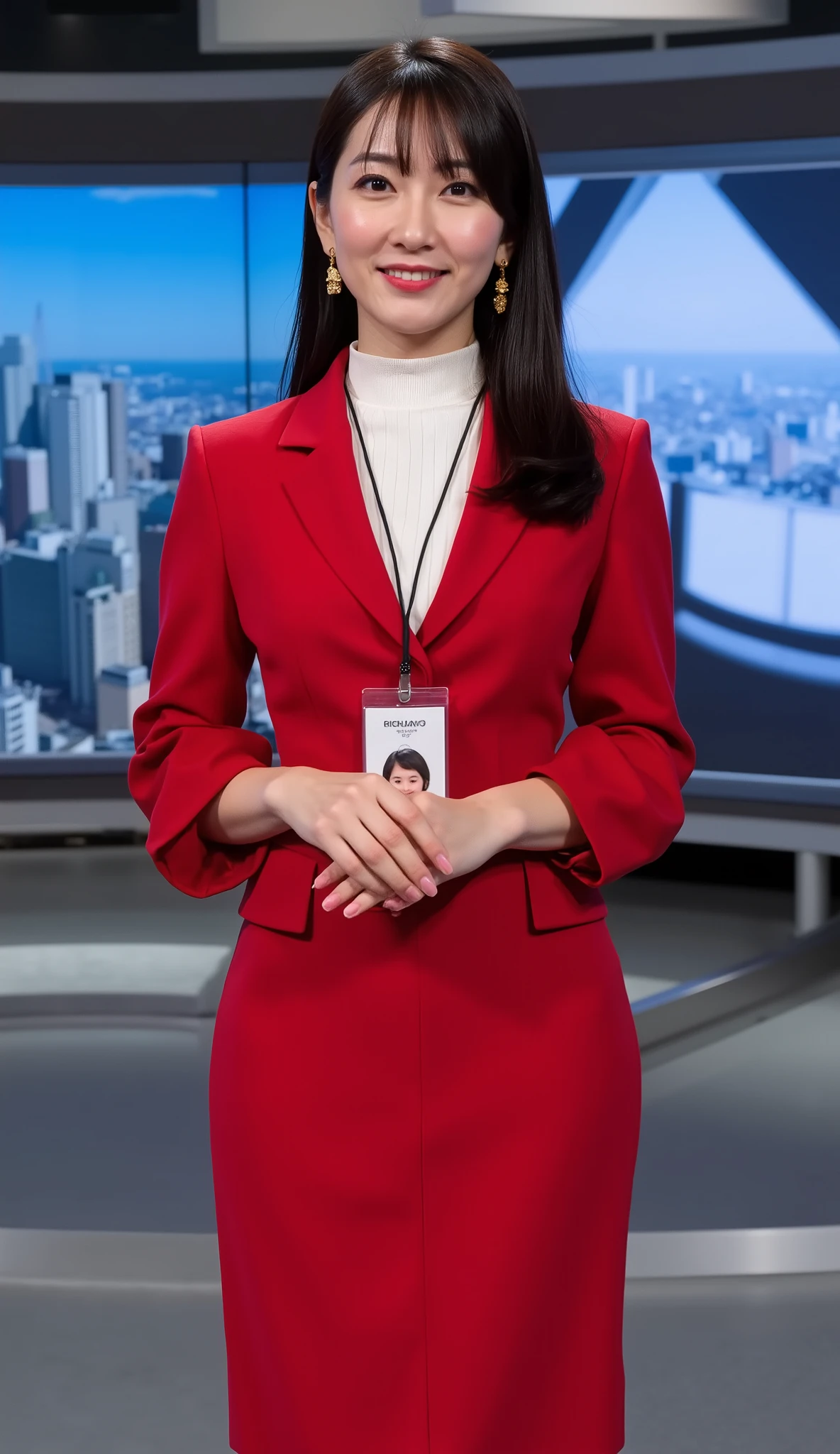 Front view, Full body, looking at camera, standing on floor, hands clasped together , female New news anchor, 1 beautiful Japanese women ,20-age, (black straight middle hair, fringe, gold earring ,smile) ,(D cup breasts, middle hip), (White elegant blouse, red one button Jacket, from neck pull ID card with face picture), (red middle skirt, black pantie stocking, black leather Hi heal) , News Studio, back big monitor, (super detailed, High Details , High Quality , Accurate, anatomically correct , textured skin, beautiful fingers super detailed, High Details , High Quality , High Quality )
