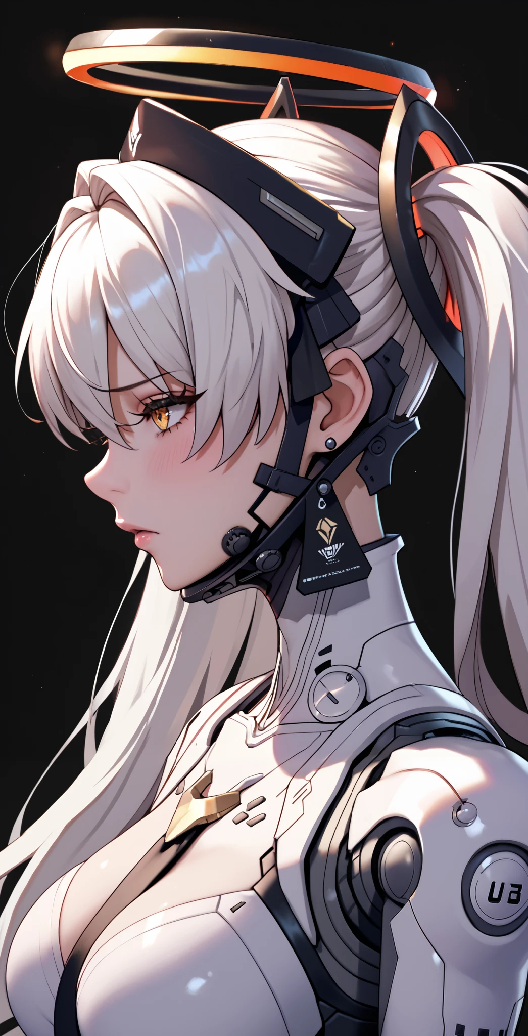 masterpiece, 1girl, Laurel, Punishing gray raven, amber eyes, Eyelashes, white hair, long hair, twintails, headgear, bodysuit, upper body, neutral, innexpressive, Shy, Sad, black background, simple background, score_9, score_8_up, score_7_up, unaestheticXL_bp5, Looking pleasured BREAK Rating_explicit, (Halo), Mechanical overhead ring, Black halo angel, Large breasts, Mechanical limbs, Mechanical vertebra attaching to back, Mechanical cervial attaching to neck, Mechanical bones, Mechanical collar bone, Mechanical shoulder blades, Black bones, Armored bra, From Side, (Short neck), Mechanical earrings
