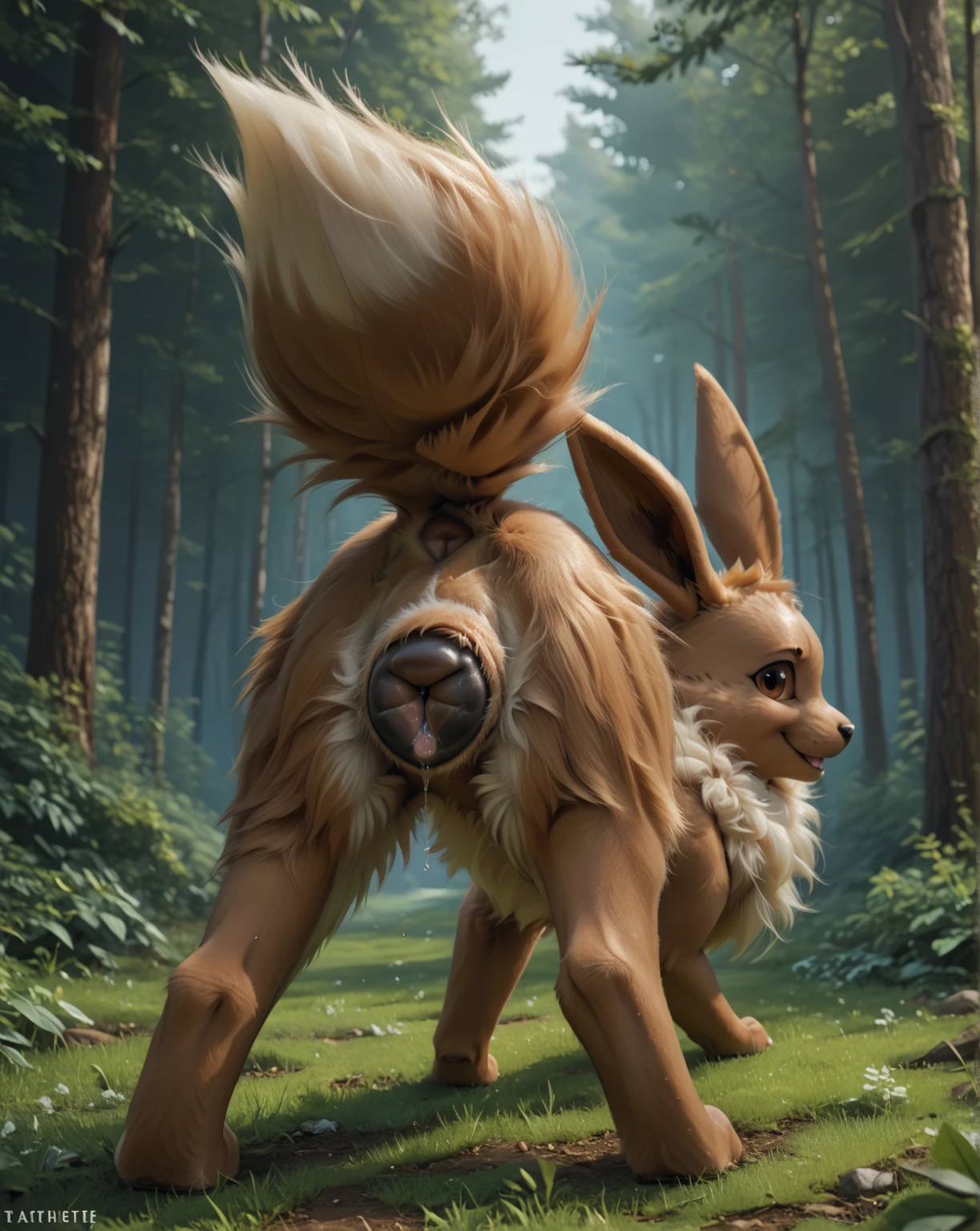 (feral:1.6), (quadrupedal:1.6), fluffy, in a field, \(pokemon\), (Eevee:1.2), (Brown crotch:1.4), (((quadruped, feral, canine))), (seductive expression:1.4), (Half-lidded eyes:1.4), (Green eyes:1.2), (by Rukifox:1.2), blushing, (petite:1.4), (petite hips:1.4), (petite body:1.4), (solo:1.4), paws (petite:1.4), (petite hips:1.4), (petite body:1.4), (solo:1.4), paws, (looking at viewer:1.2), (petite:1.4), paws, (Brown fur:1.4), (Brown crotch:1.4), (small canine pussy), anus, (on front, ass up:1.2), (rear view:1.2), (presenting ass:1.2), (Pussy juice:1.2)