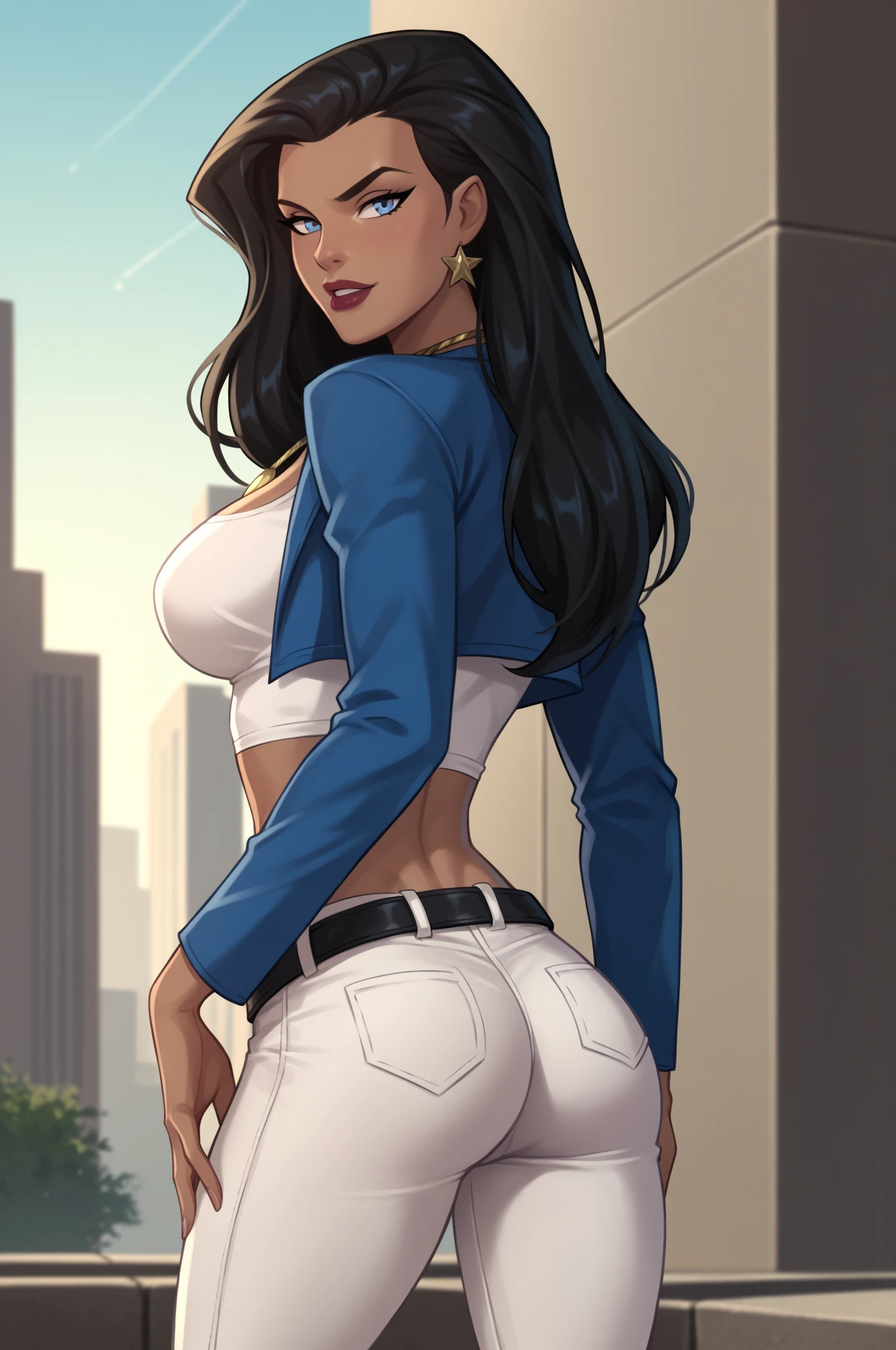 Caucasian woman, blue-black hair, wavy hair, long hair, athletic body, gray leggings, white top, buildings can be seen from the window, standing, inside the bedroom, closing blue curtains, inside the house, (((dim light))), (((it's night))), white sports shoes, shot from behind.