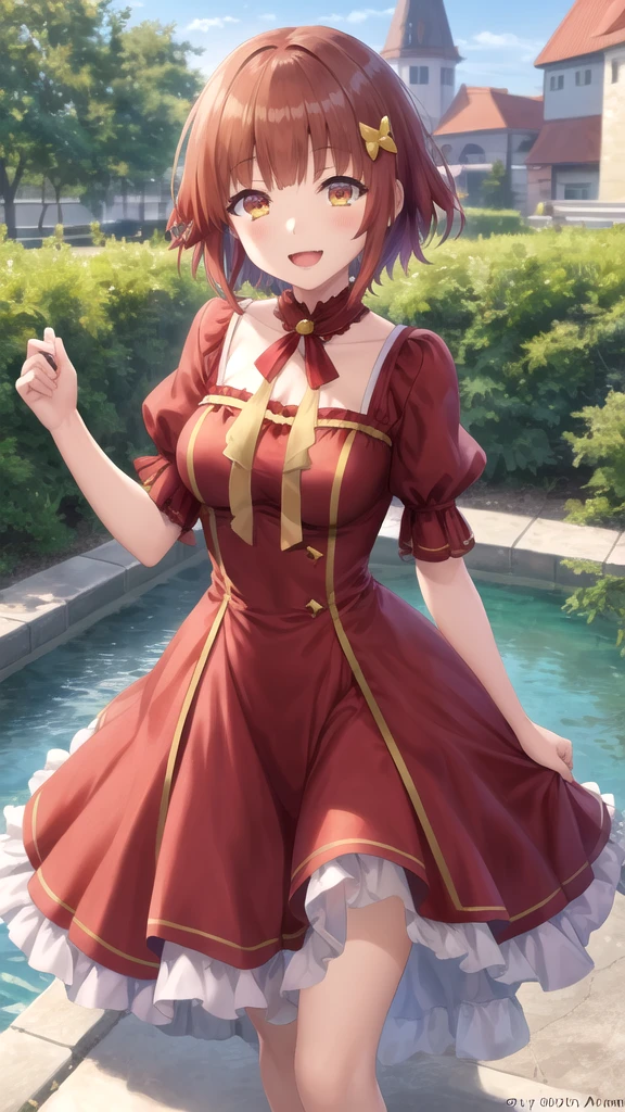 (masterpiece, best quality, detailed), 1girl, solo, looking at viewer, UbelFrieren, purple eyes, side ponytail,
<lora:little_red_riding_hood_v0.1:1>, little red riding hood, frilled dress, basket, miniskirt, cleavage, town, building, flower, victorian, rose, outdoors, london, fountain, leaning forward, looking back, from behind, ass, smile, open mouth