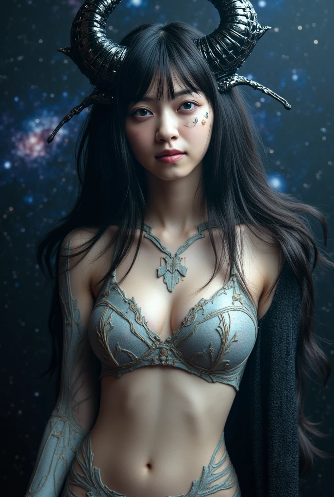 (masterpiece:1.3) , (perfect anatomy:1.2) , 32k UHD resolution, (best quality:1.2) , RAW, vibrant, (realistic photo:1.2) , (professional photography:1.2) , (highly details:1.2) , depth of field, (beautiful woman:1.2) , (Celestial Elegance Ensemble:1.2) , (Galactic-inspired Fabric Patterns:1.1) , (Starlight Sequin Embellishments:1.2) , (Extravagant Moonlit Train:1.1) , (Celestial Halo Headpiece:1.2) , (Ethereal Glow Fabric:1.1) , (Abstract Constellation Embroidery:1.1) , (Luxurious Nebula Palette:1.2) , (Stellar Runway Pose:1.1) , (Cosmic Atmosphere:1.2) , Korean fantasy. Make the backround look like the outer space.