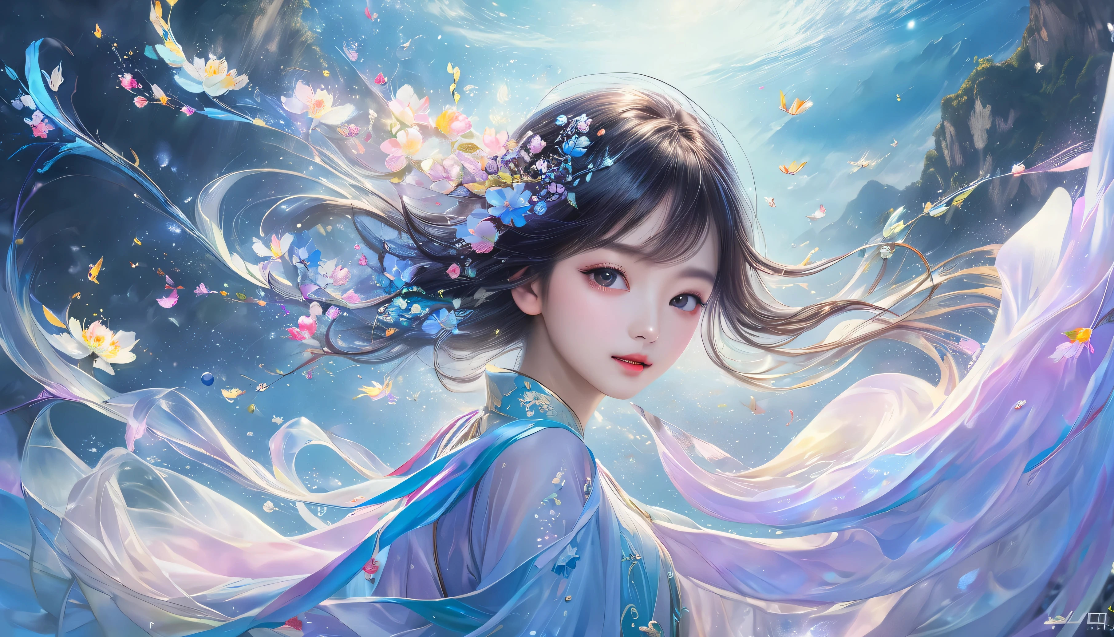 Anime girl with flowing hair and flowers in her hair - SeaArt AI