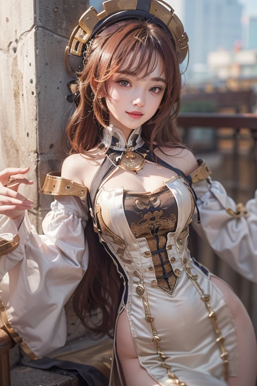 (masterpiece), (best quality), 8k resolution, 1girl, Asian girl, stunning beauty, perfect face, mature female, 20yo, fox ears, full body, sexy, one shoulder dress, silk dress, meccog, cog, steampunk, mechanical legs