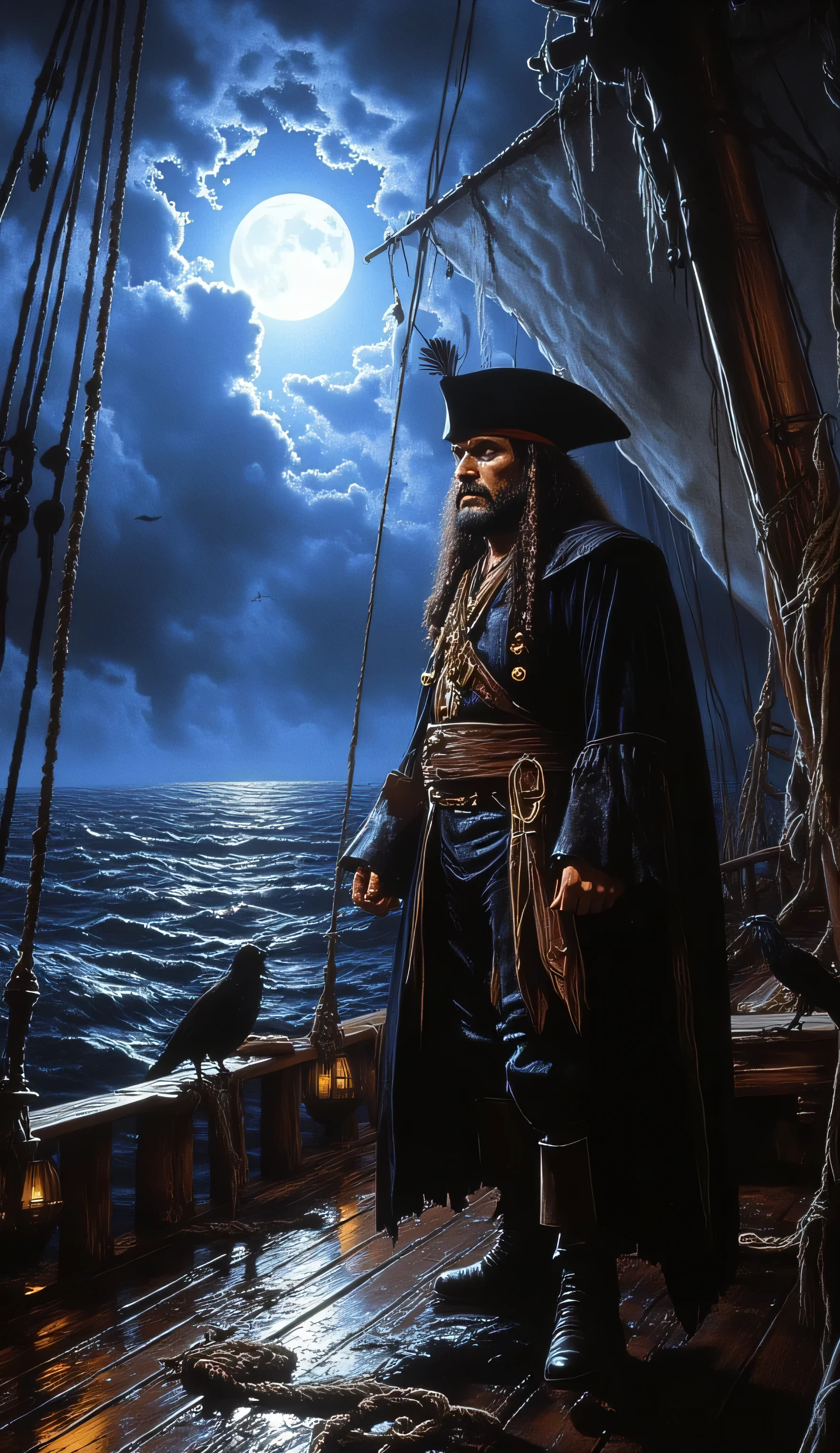 (((Style: Dark fantasy, moody lighting, high detail, cinematic composition, 80's movie))) A fearsome pirate captain stands on the deck of a massive ship, gazing at the dark ocean. He wears a tattered long coat, a wide-brimmed hat with a black feather, and a leather belt with a curved cutlass. His face is rugged, with a deep scar over one eye, and his beard is thick and braided with gold rings. The sky is stormy with dark clouds, the wind is howling, and the ship's lanterns flicker in the eerie night. The sea below is deep and endless, reflecting the ominous glow of the full moon. The ship’s wooden planks are wet and glistening, ropes hang loosely from the masts, and crows sit on the railings. A sense of mystery and danger fills the air