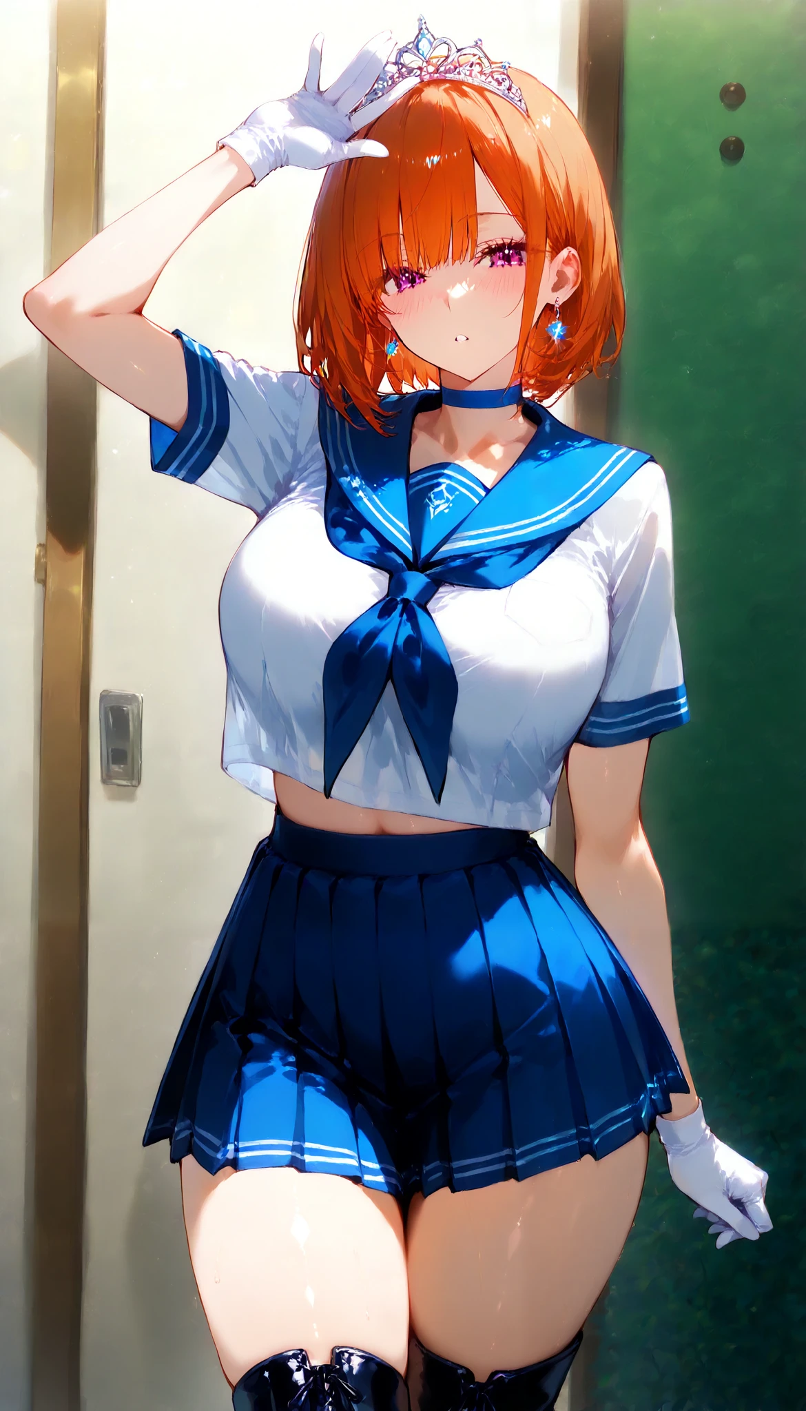 (masterpiece, best quality, detailed), 1girl, solo, outdoors, garden, rose, grass, sunlight, day, blue sky, smile, open mouth, large breast, igawa sakura, looking at viewer, navel, midriff, mature female, standing, smile, (serafuku, sailor school uniform:1.3), school uniform, red scarf, (navy blue pleated skirt), seductive pose, mature female, wide hips, perfect butt, see through shirt, nipple