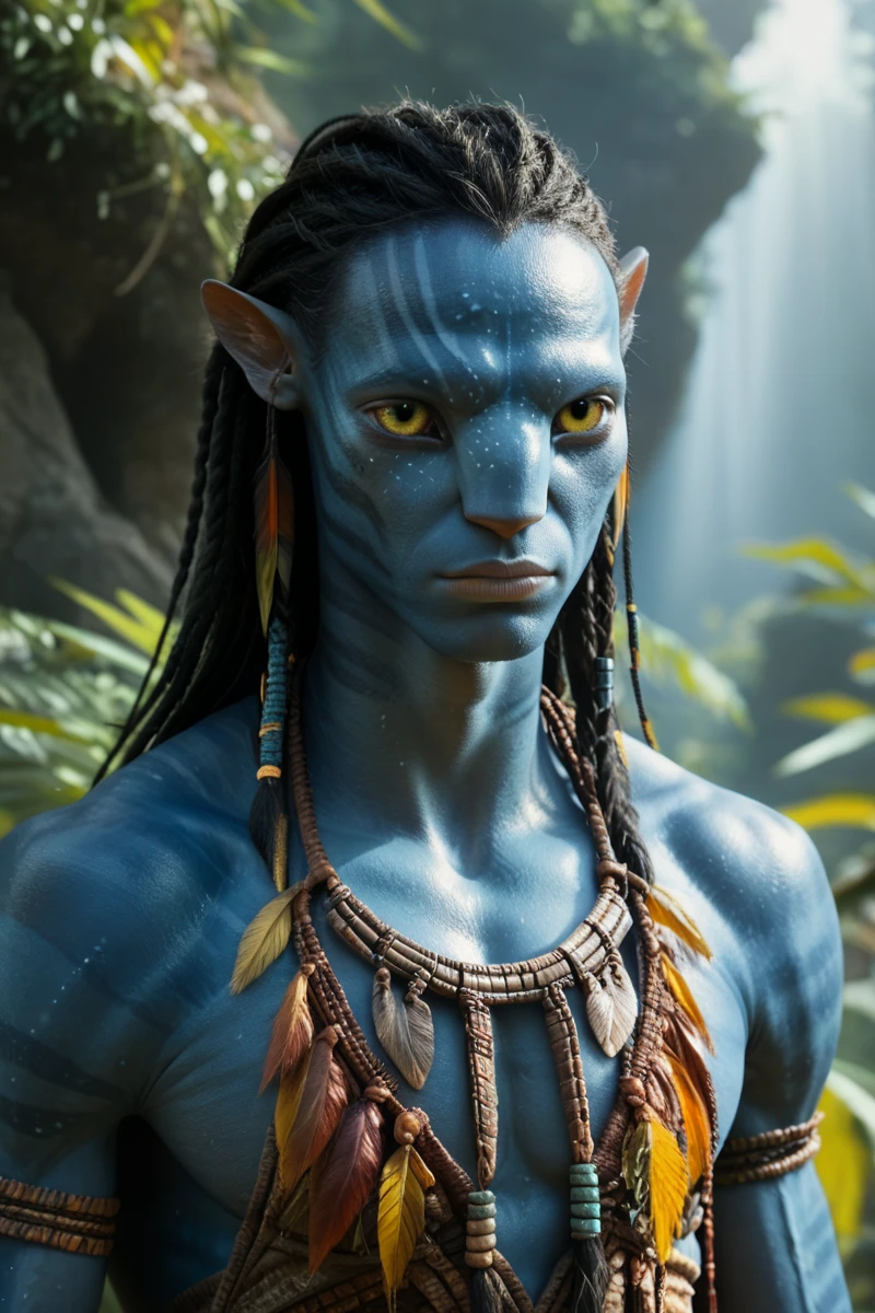 male, 1boy, portrait close-up, looking at the viewer, slim muscular limbs, detailed yellow eyes, blue skin, braided long hair, black hair, tail, big pointy ears, four fingered hands, wearing tribal clothing, foresr background, solo, n4vi, score_9, score_8_up, score_7_up, score_6_up, neytiri
