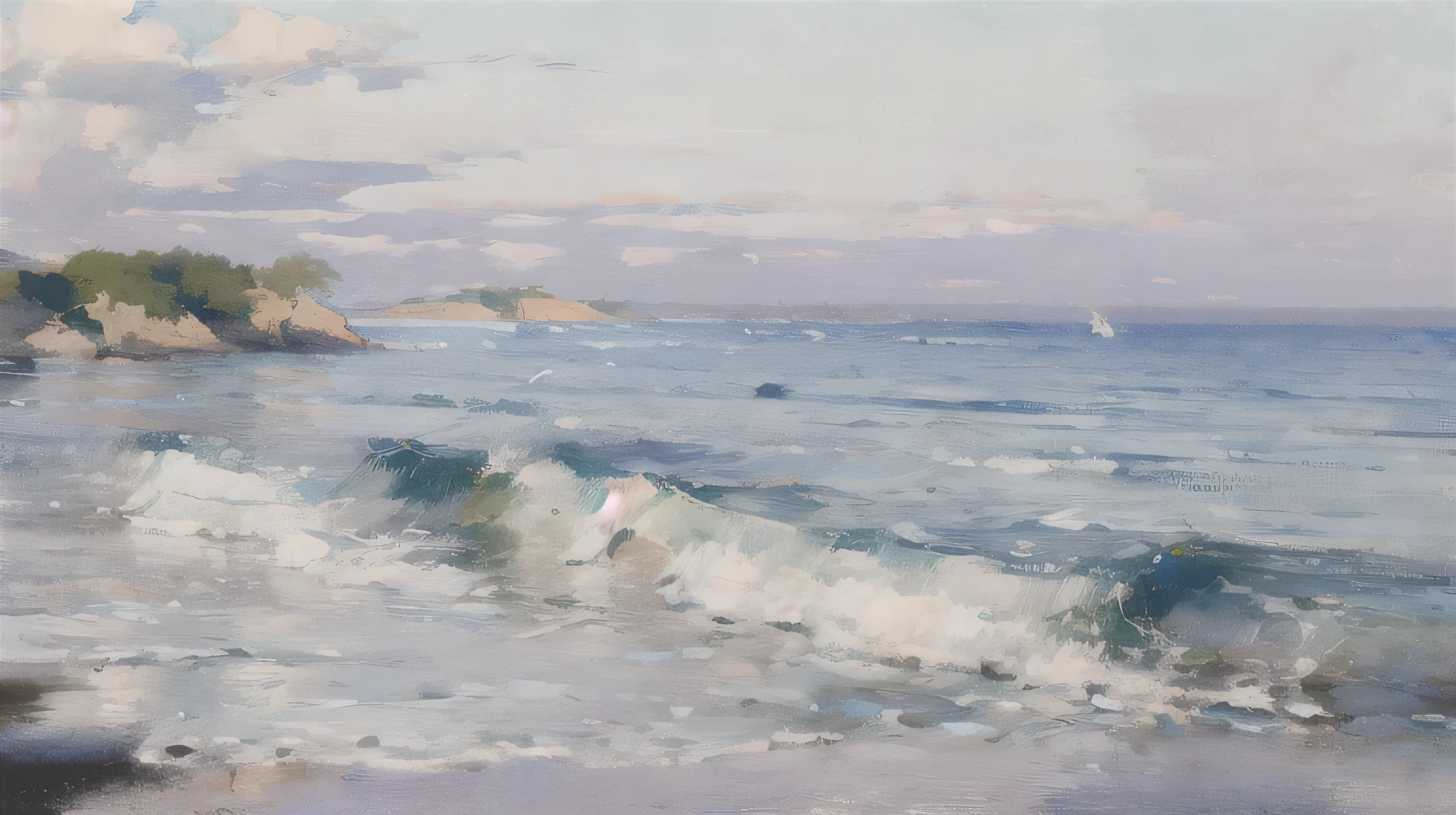  have no humans, landscape, outdoor, sky空, water, {{ocean}}, sky, blue sky空,  traditional media , horizon (illustration:1.0),  masterpiece,  Best Quality ,