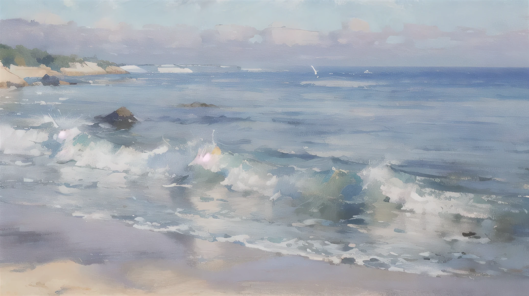 have no humans, landscape, outdoor, sky空, water, {{ocean}}, sky, blue sky空, traditional media , horizon (illustration:1.0), masterpiece, Best Quality ,
