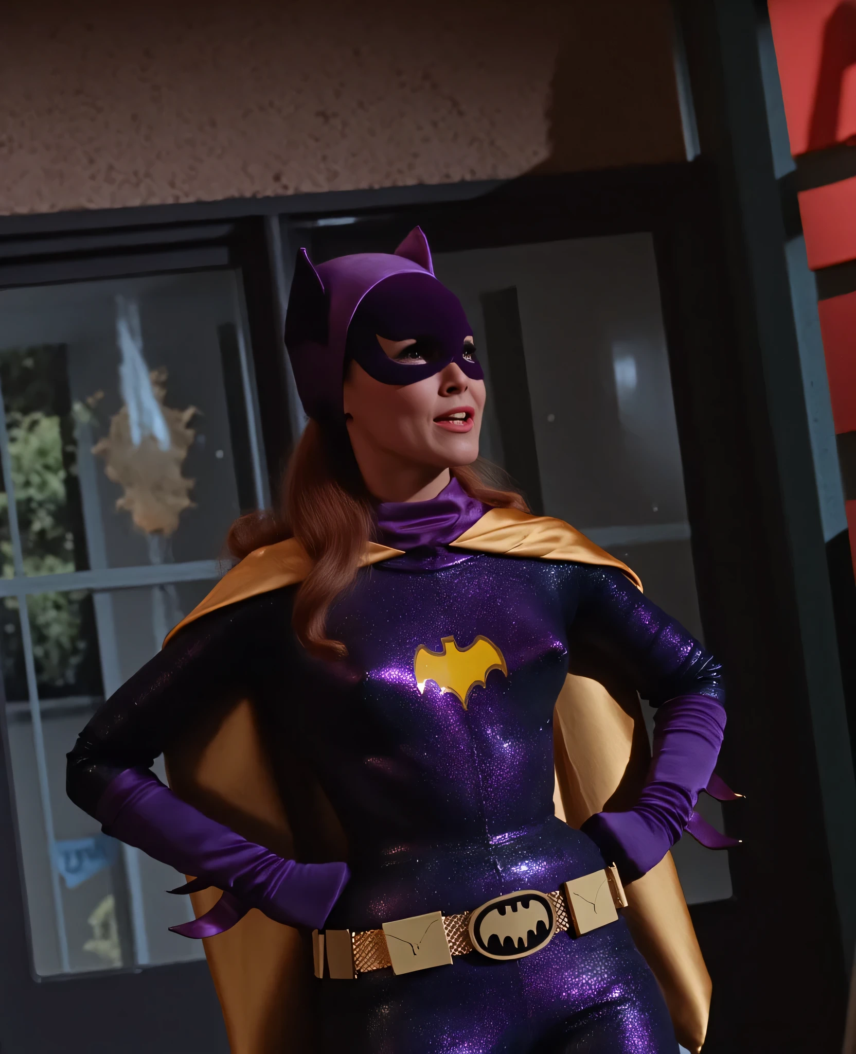 yvonne craig woman, she is desperate, blue lightnings electrocute her body. sparks on her waist. she is standing in pain with her shoulders shrugged, screaming with her eyes wide open looking to camera, she is in pain, we see her injures, 60's style, analog film, on grass, on a lab, medium shot