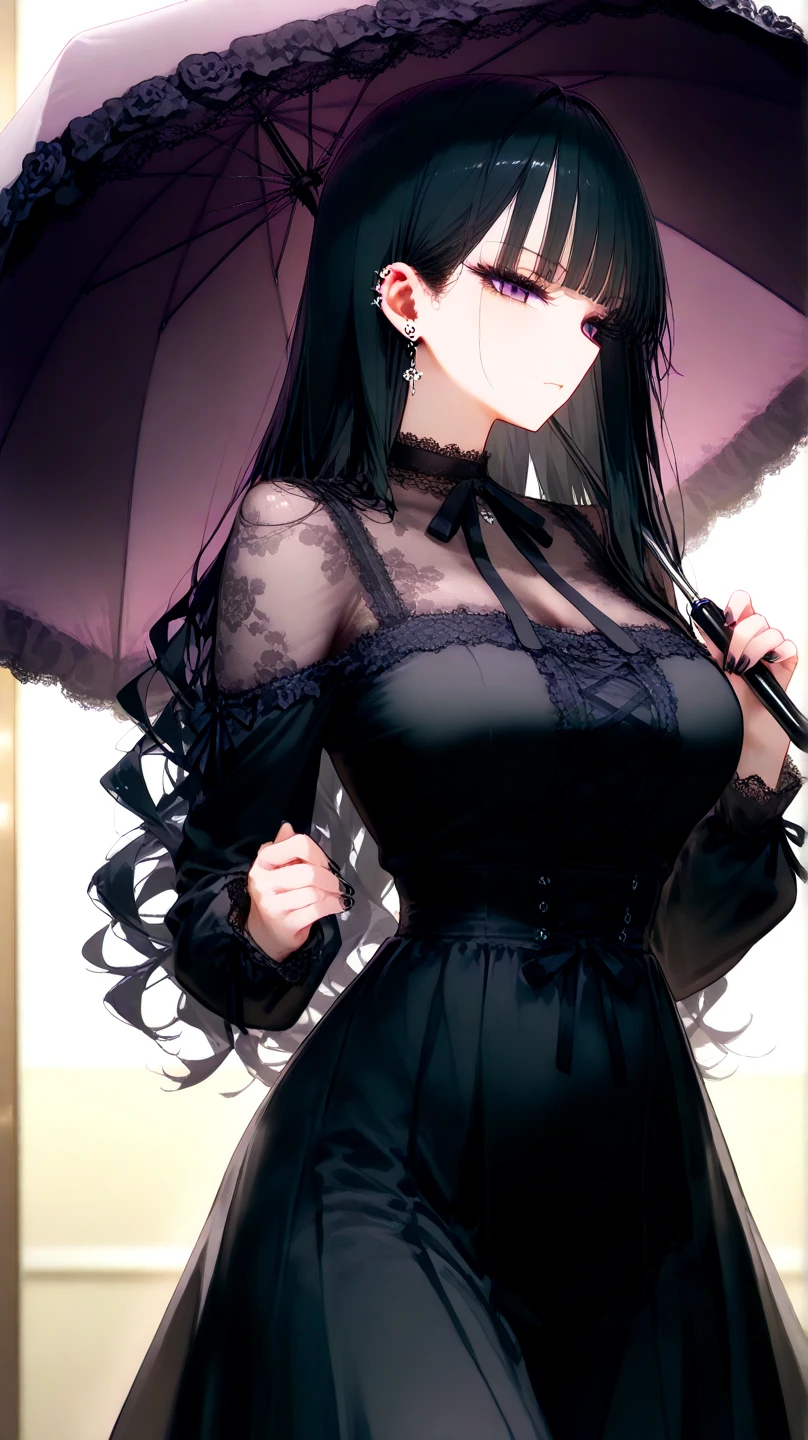 masterpiece, best quality, solo focus, 1girl, simple background, an extremely delicate and beautiful girl, finely detailed beautiful eyes and detailed face, black hair, very long hair, hair over right eyes:1.9, hair over one eye, right eyes hidden by hair, red eyes, empty eyes, (expressionless), timid, cute girl, black choker, slender, big boobs, nice hands, perfect hands, sexy black dress, long puff sleeves dress, black tights, standing, looking at viewer