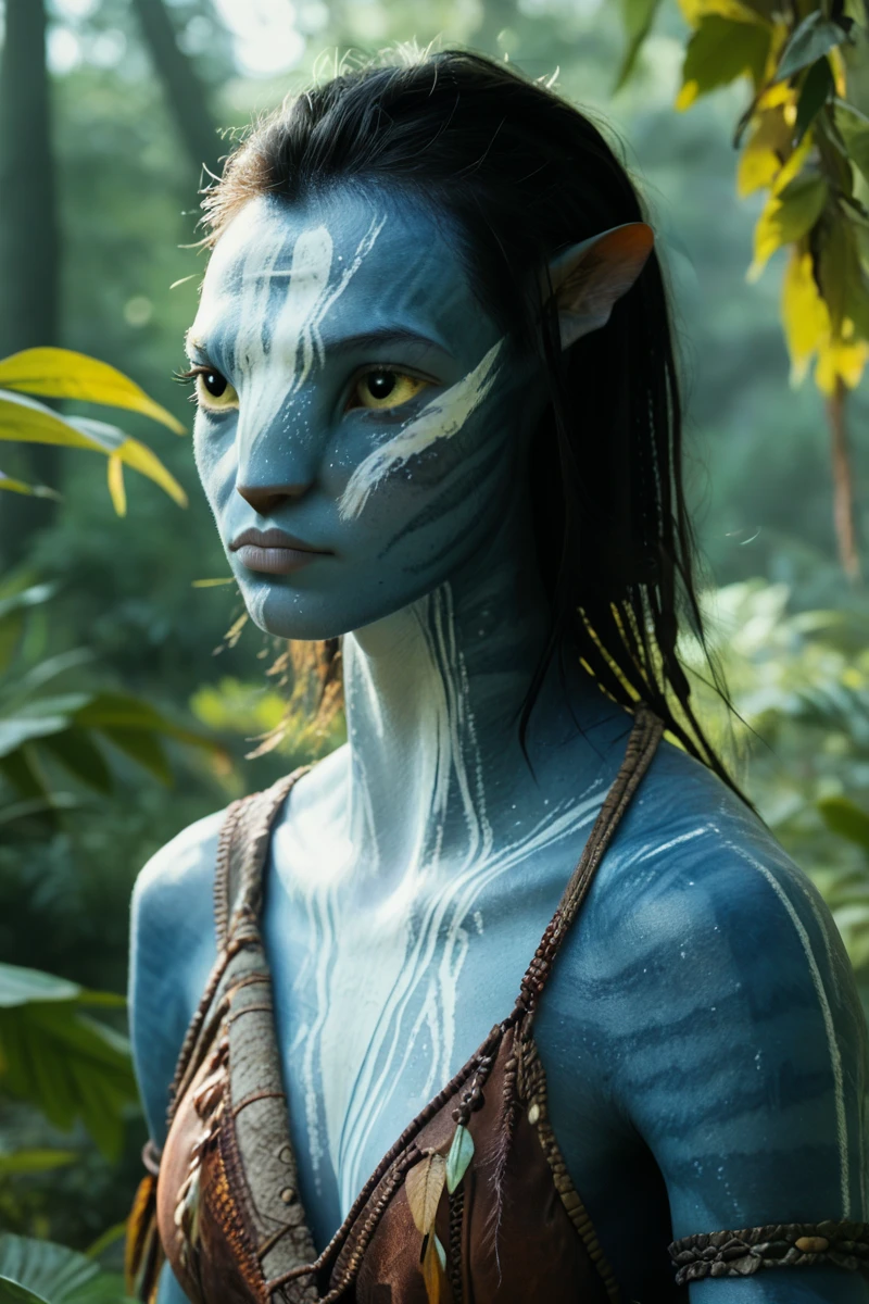 teen female, 1girl, portrait, face close-up, looking at the viewer, slim and muscular limbs, detailed yellow eyes, blue skin, short messy medium length hair, straight hair, black hair, tail, big pointy ears, five fingered hands, wearing tribal clothing, eyebrows, wearing a tribal bikini top made of leaves, forest background, solo, n4vi, score_9, score_8_up, score_7_up, score_6_up, J4ke, AVTR1, white paint