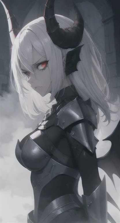 devil horns, angel wings, Halo, Glaring at viewer, slit pupils, cursed armor, chimaera, Lillie, medieval, town ruins,