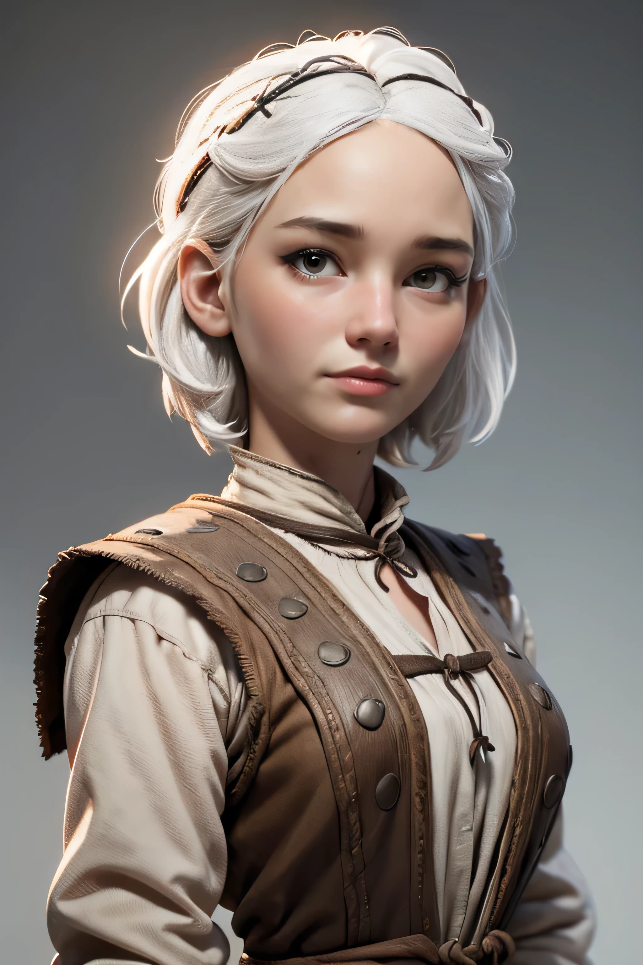 Peasant woman from " Game of Thrones", short white hair, brown eyes, safe expression, Iluminación natural, ultra resolution , plain white background , without patterns, No textures.