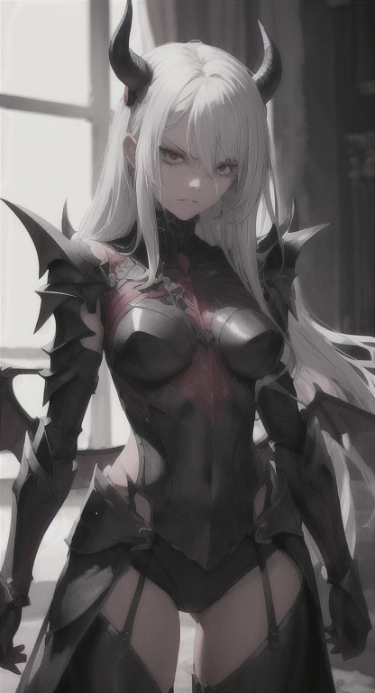 masterpiece, high quality, 4K, HDR, armored dress knight, black halo above head, black horns on head, A black dragon tail is growing, large black wings on back, Silver hair, intake hairstyle, blunt bangs, long hair, disgruntled expression, crimson eyes, narrowed eyes, sharp teeth, slightly pointed ears, slightly open mouth, athletic, toned body, medium breasts