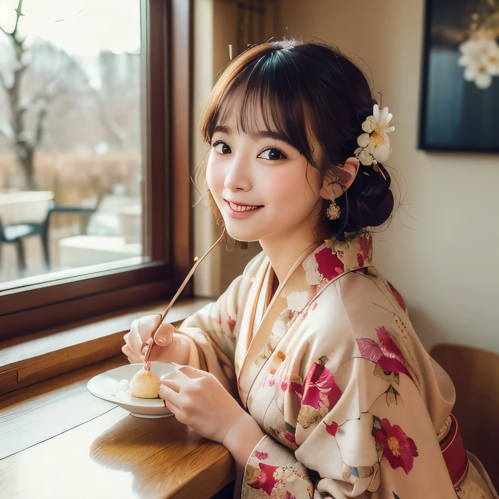 Japanese ID ,(( cute ,:1.2)),(8k, RAW photos , super detailed , top quality :1.2), ( realistic, Photorealistic:1.4), ( very detailed, super high res , beautiful, table top in bed:1.2),18 years old , very detailed顔と目, Shiny Skin ,( upper body:1. Professional Writing ,Soft light, Sharp Focus, Deep written boundary, medium hair, earrings for women with first name, ( A gorgeous floral kimono costume :1.3),Bokeh,( dynamic angle :1.5 ),( A cozy little cafe with warm light shining in . The contrast between the winter scenery seen from the window and the warmth of the room. :1.3)((I'm eating mochi)),smile,((I'm eating a round dumpling stuck on a skewer)),