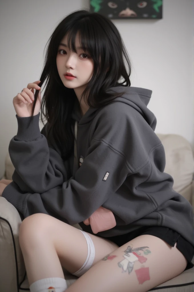 araffe sitting on a chair with a scarf and a hat, wearing an oversized hoodie, She wears street clothes, woman in street clothes, girl with hoodie, jennie pink black, loose clothing and hat, devil queen madison mild ale, inspired by Wang E., black haired girl with hoodie, roseanne park by blackpink, wearing a baggy, with a gray hoodie