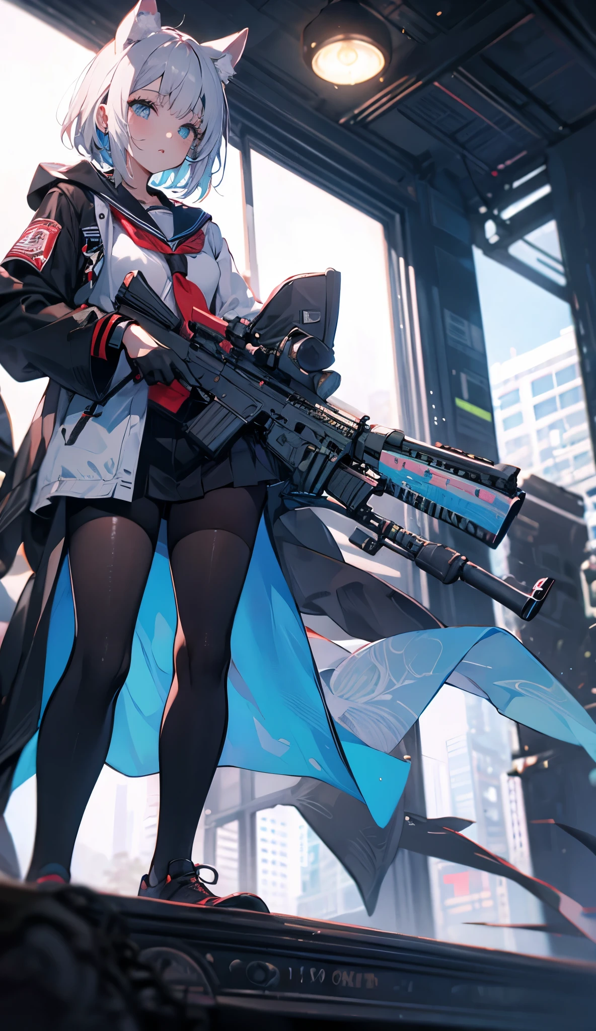 best quality, anime, waifu, best aesthetic, old, (oldest), tech future maks full set, headfone ears, retro artstyle, 1990s \(style\), 1girl, solo, cowboy shot, (white hair), very short hair, costeletas longas, swept bangs, school uniform, serafuku, blue eyes, looking at viewer, long sleeves, closed mouth, white background, (anime screencap:1.3), (anime coloring), (flat color), pastel colors, ((((esta segurando um rifle e caminhando de forma cautelosa procurando o inimigo, olhando pela mira do rifle))))