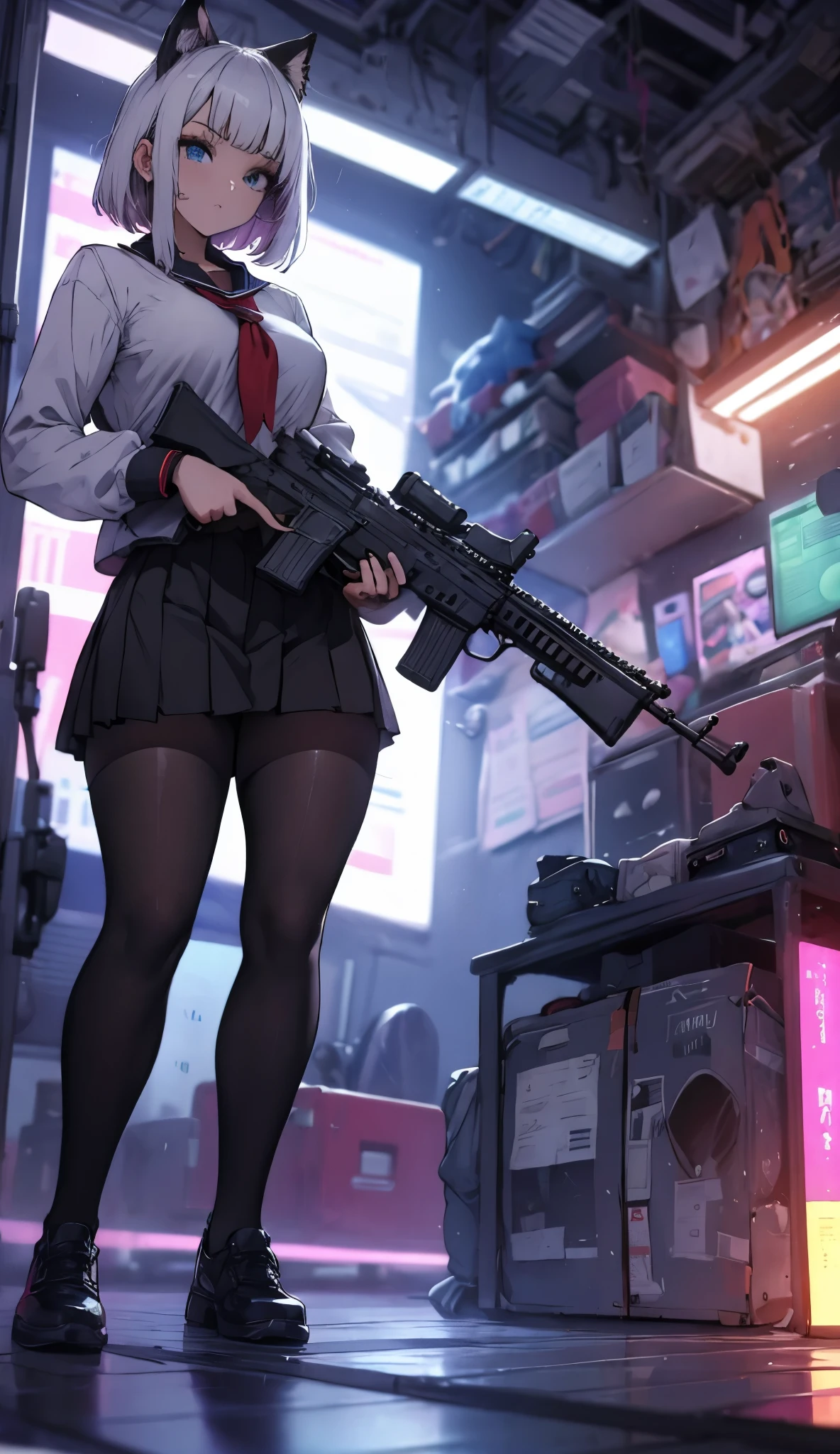 best quality, anime, waifu, best aesthetic, old, (oldest), tech future maks full set, headfone ears, retro artstyle, 1990s \(style\), 1girl, solo, cowboy shot, (white hair), very short hair, costeletas longas, swept bangs, school uniform, serafuku, blue eyes, looking at viewer, long sleeves, closed mouth, white background, (anime screencap:1.3), (anime coloring), (flat color), pastel colors, ((((esta segurando um rifle e caminhando de forma cautelosa procurando o inimigo, olhando pela mira do rifle))))
