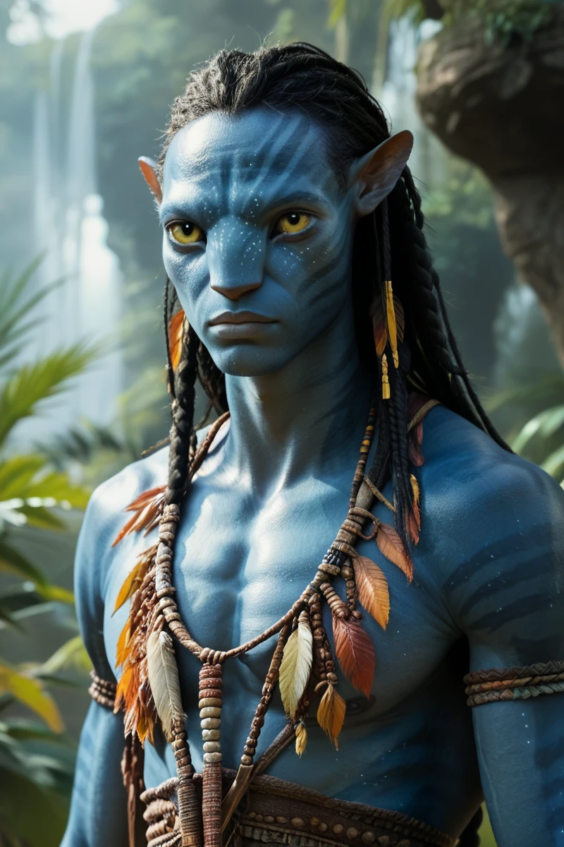 male, 1boy, portrait close-up, looking at the viewer, slim muscular limbs, detailed yellow eyes, blue skin, braided long hair, black hair, tail, big pointy ears, four fingered hands, wearing tribal clothing, foresr background, solo, n4vi, score_9, score_8_up, score_7_up, score_6_up, neytiri