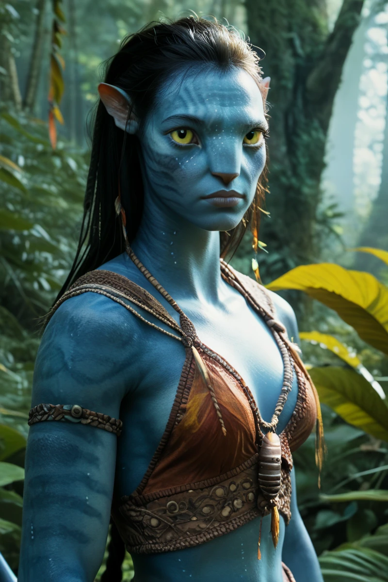 female, 1girl, portrait, face close-up, looking at the viewer, slim and muscular limbs, detailed yellow eyes, blue skin, short messy medium length hair, straight hair, black hair, tail, big pointy ears, five fingered hands, wearing tribal clothing, eyebrows, wearing a tribal bikini top made of leaves, forest background, solo, n4vi, score_9, score_8_up, score_7_up, score_6_up, J4ke, AVTR1